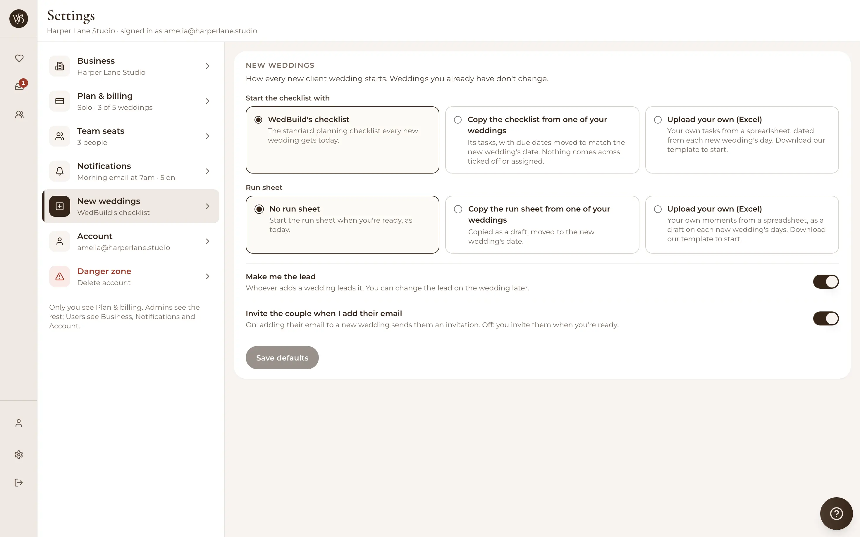 Settings for new weddings: start with WedBuild's checklist, a copy from one of your weddings, or your own uploaded from Excel