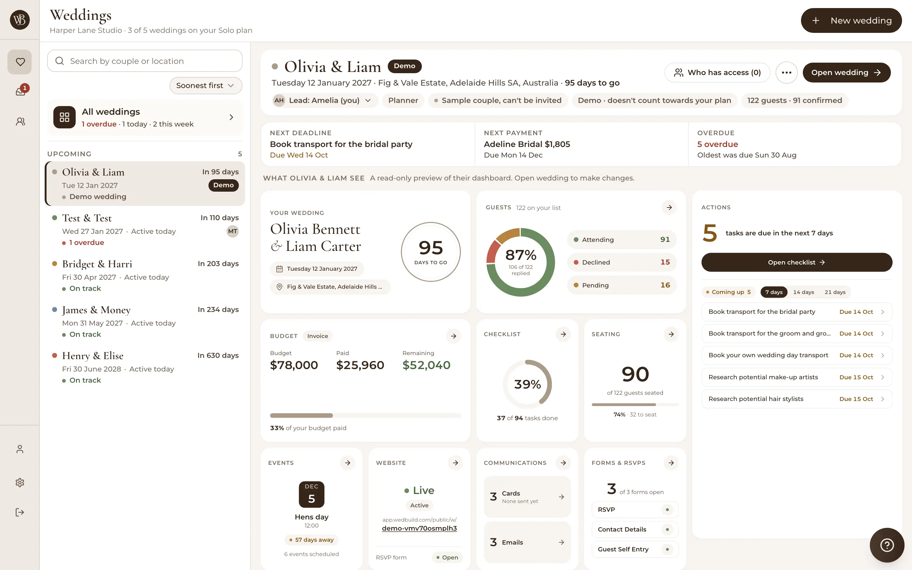 A wedding's dashboard open beside the client list: countdown, RSVPs, budget, checklist, seating and the next deadline and payment
