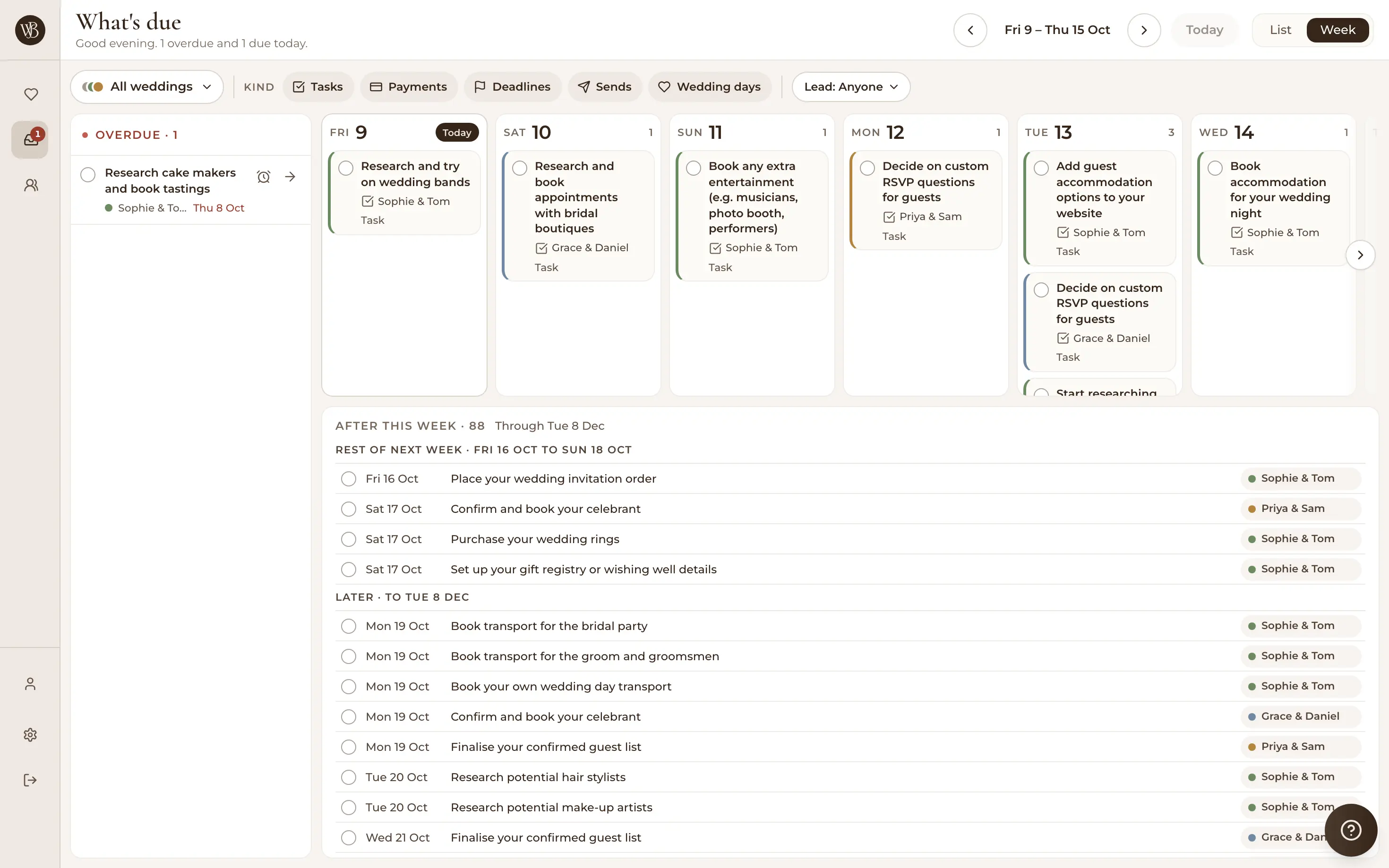 What's due in week view: each day's tasks from every client wedding, with the overdue tray and everything after this week
