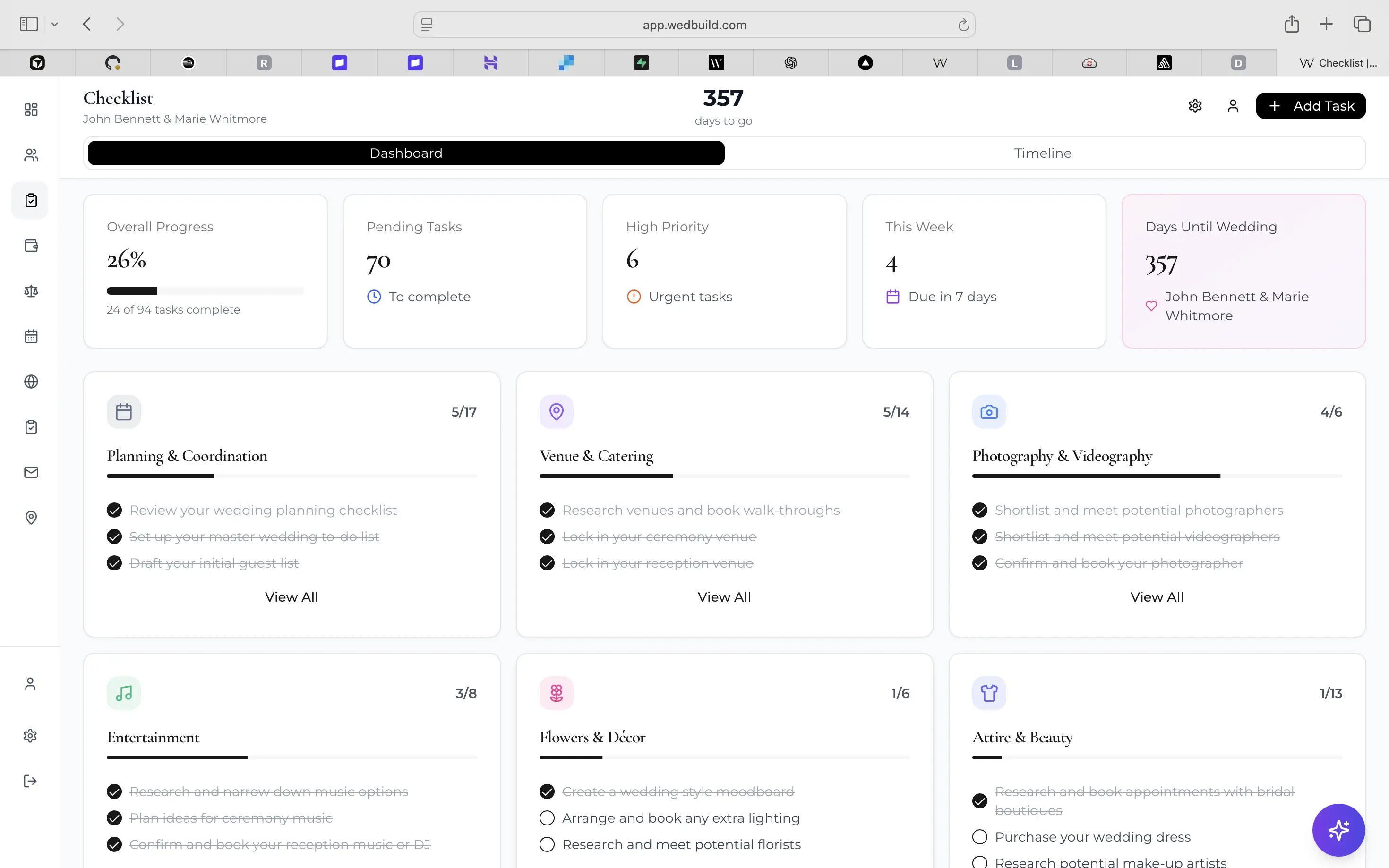 Wedding checklist dashboard with category progress