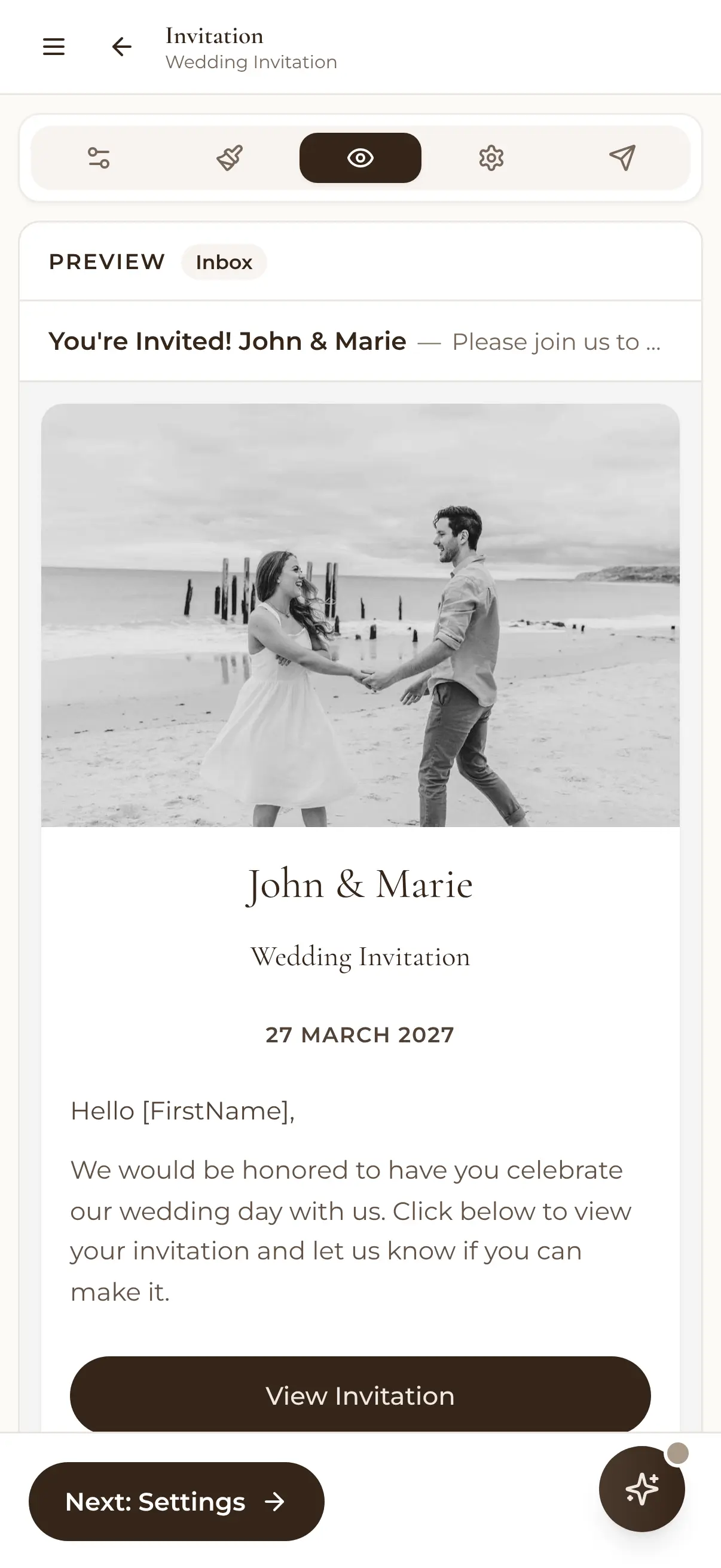 Previewing an invitation email on a phone: You're Invited! John & Marie, with their photo and the date, 27 March 2027
