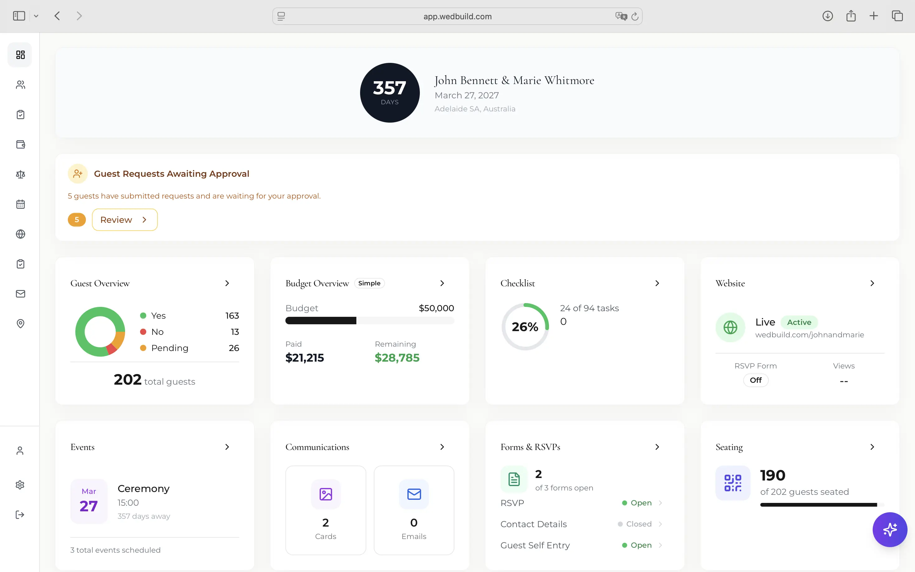 Wedding planning dashboard overview