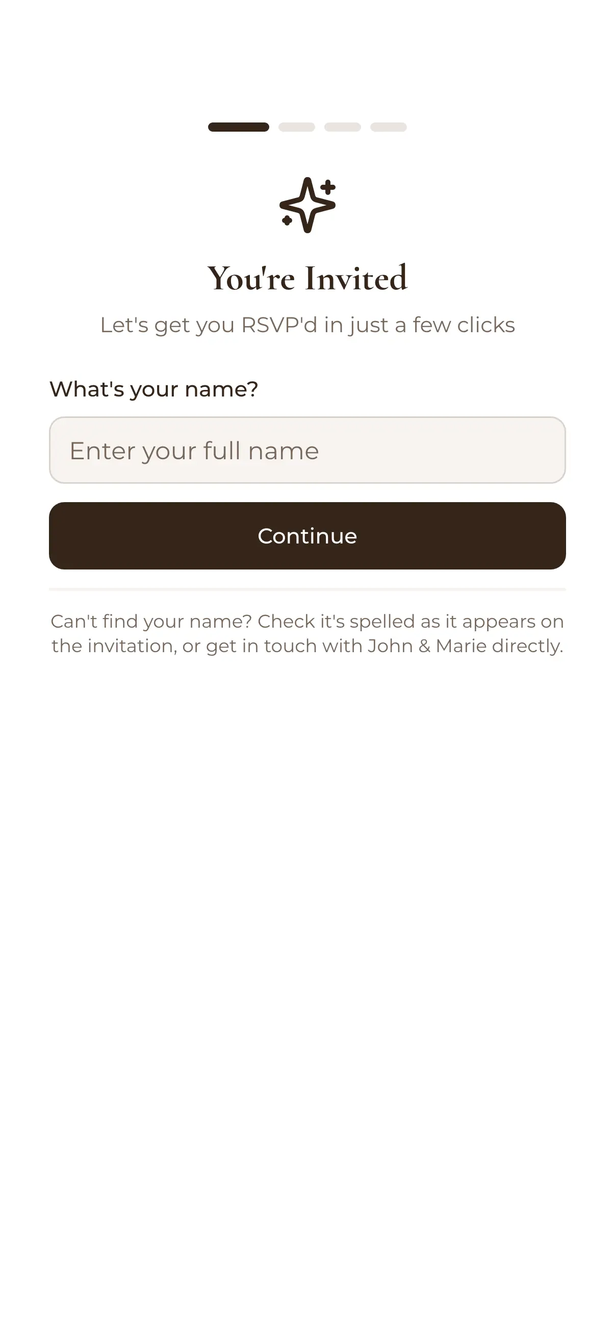 A guest's RSVP screen on a phone: You're invited, what's your name?