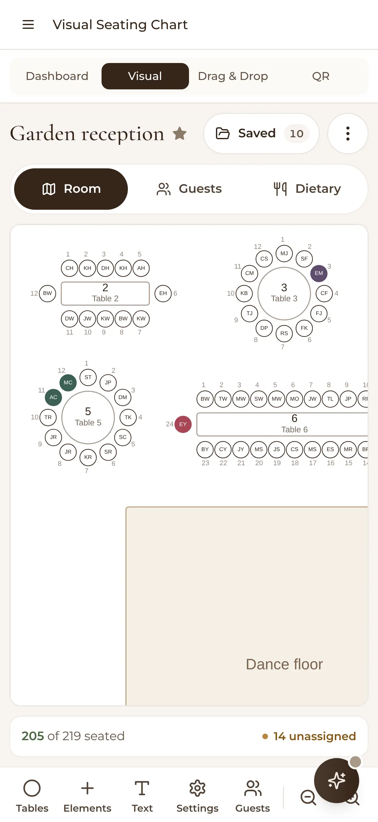 The seating chart on a phone, zoomed in: round and long tables with each guest's initials in a seat, coloured seats marking dietaries