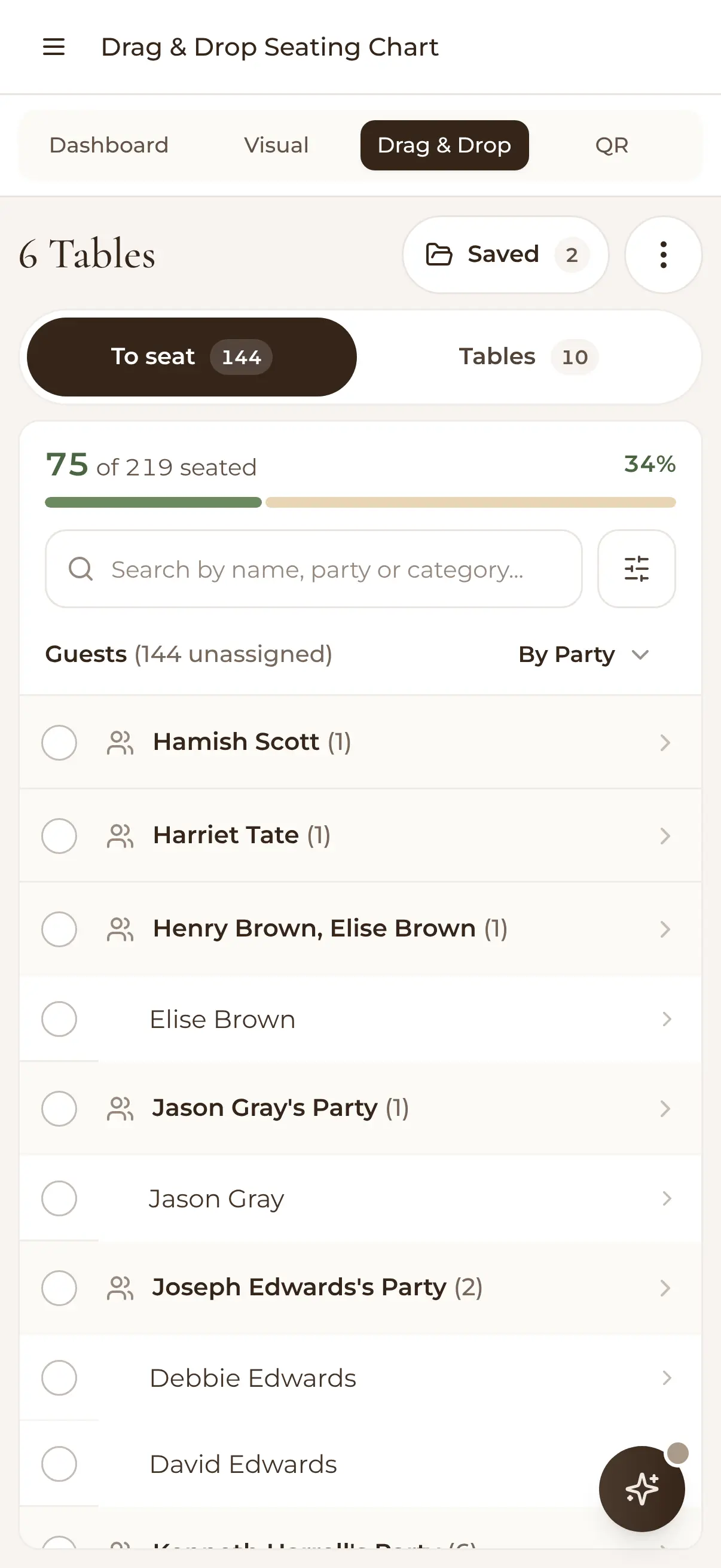 The drag and drop seating chart on a phone: the guests still to seat, and the tables to seat them at