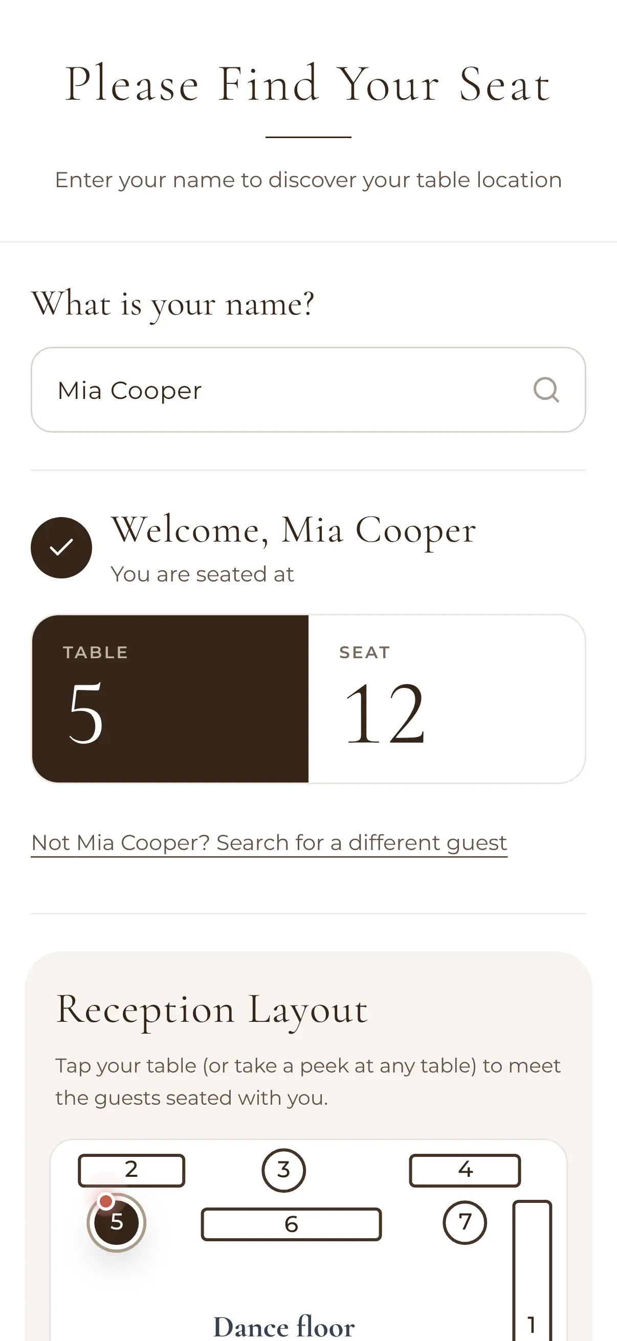 Find My Seat on a guest's phone: Welcome, Mia Cooper, you are seated at table 5, seat 12, with the reception layout below