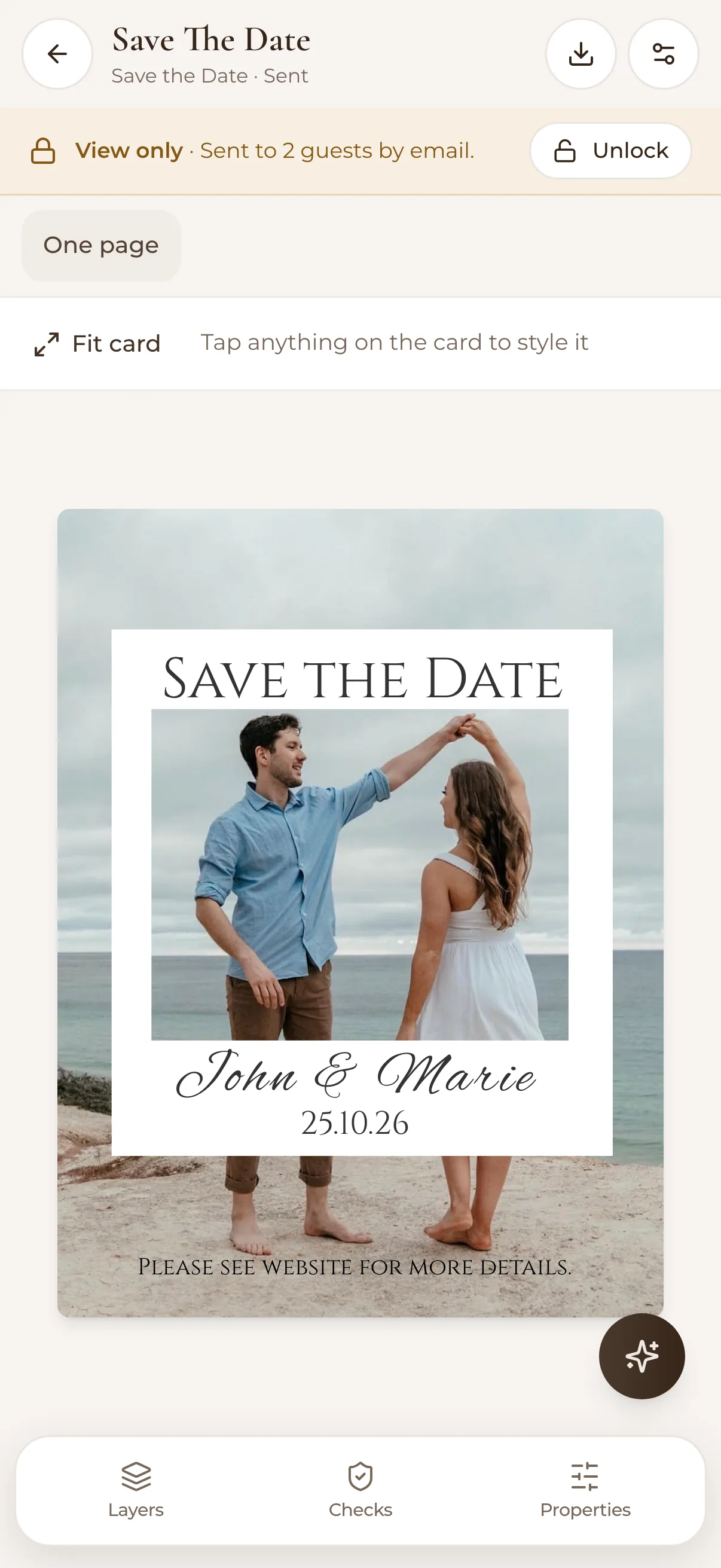 A Save the Date card for John and Marie, with their beach photo, open in the card designer on a phone