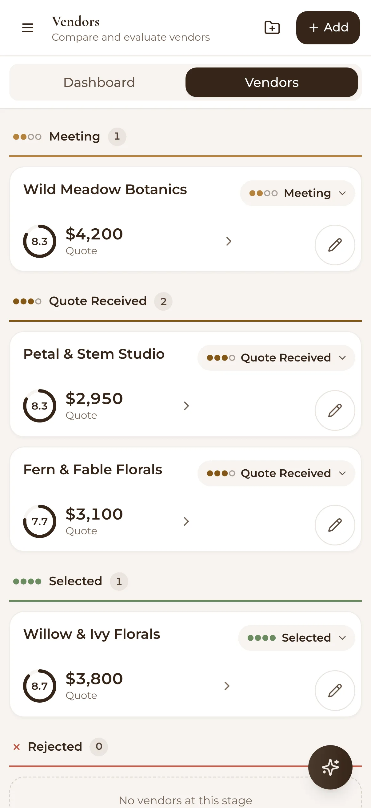 Comparing florists on a phone: each with a score, a quote and a stage from Meeting to Quote received to Selected