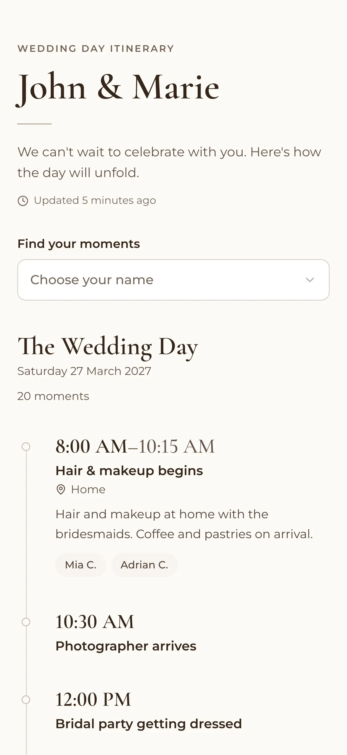 The wedding day itinerary on a phone: John and Marie's day, from hair and makeup at 8:00 AM to the photographer arriving at 10:30 AM