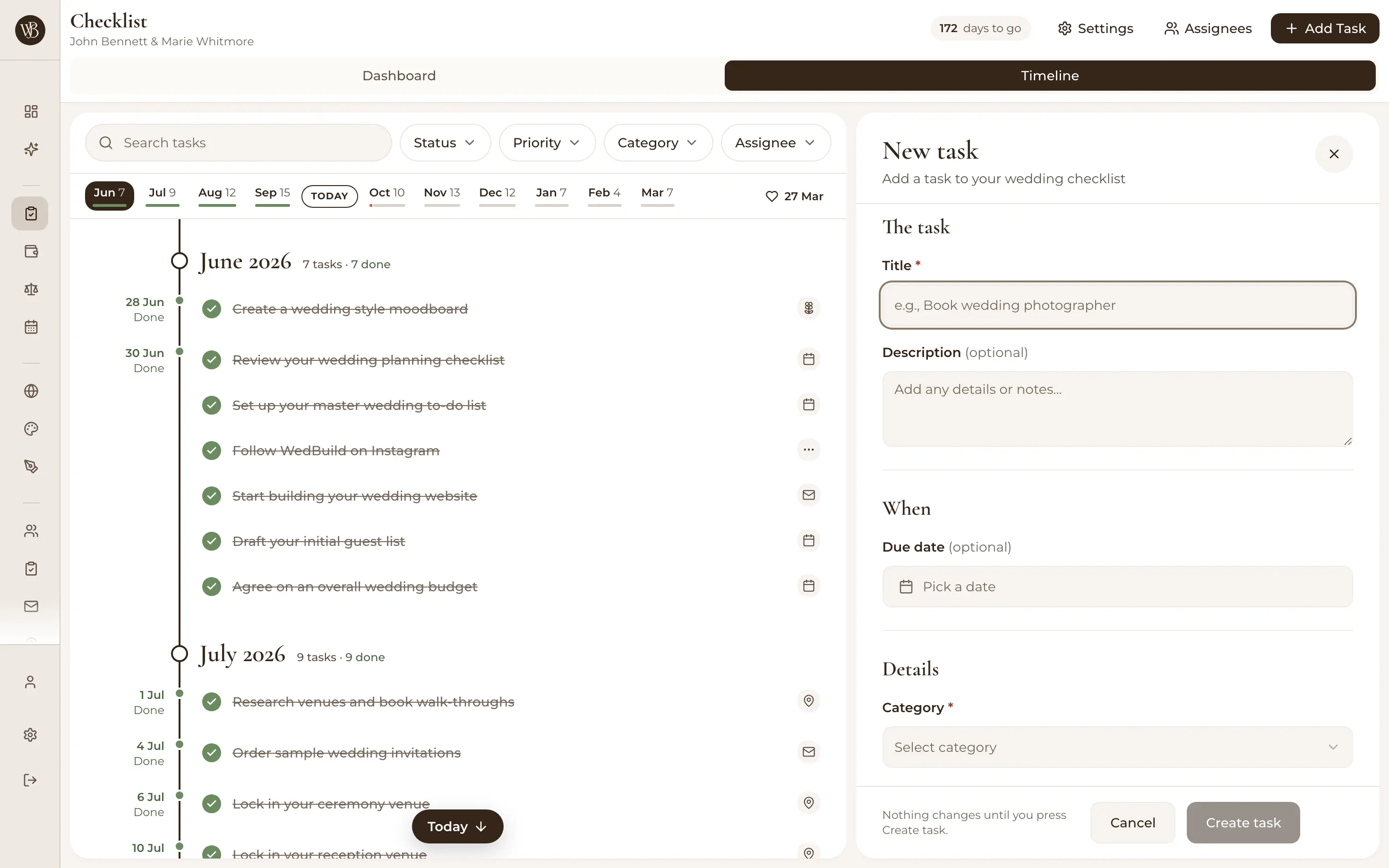Adding a wedding checklist task with a due date and priority