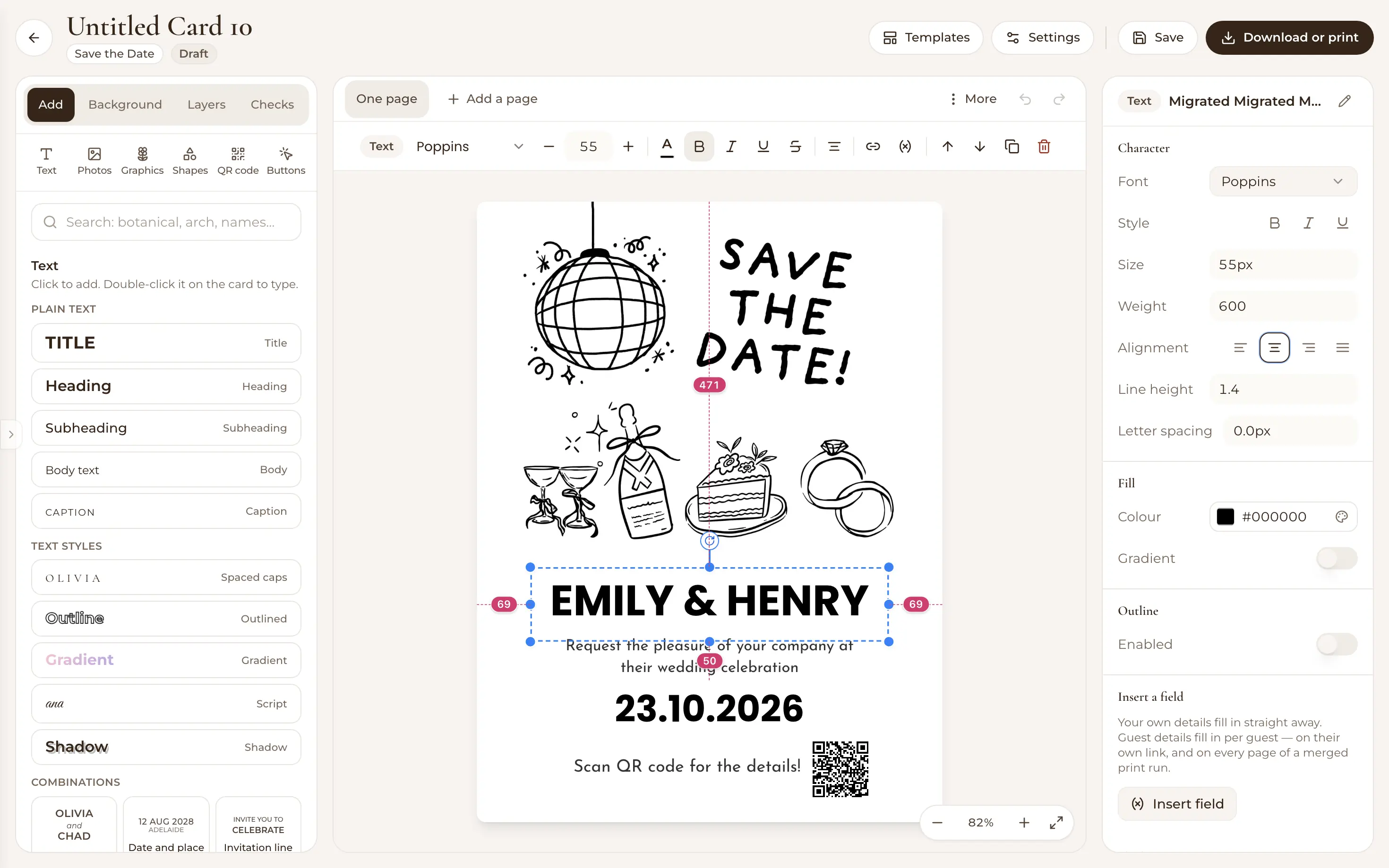 Visual canvas editor designing a wedding invitation card