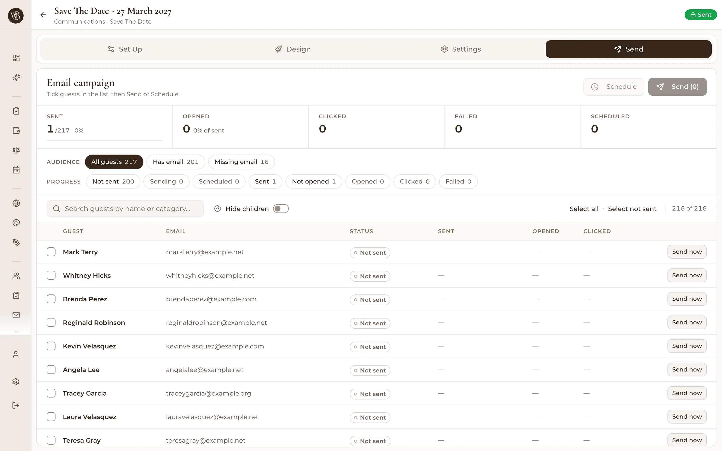 Email history showing opens and clicks per wedding guest
