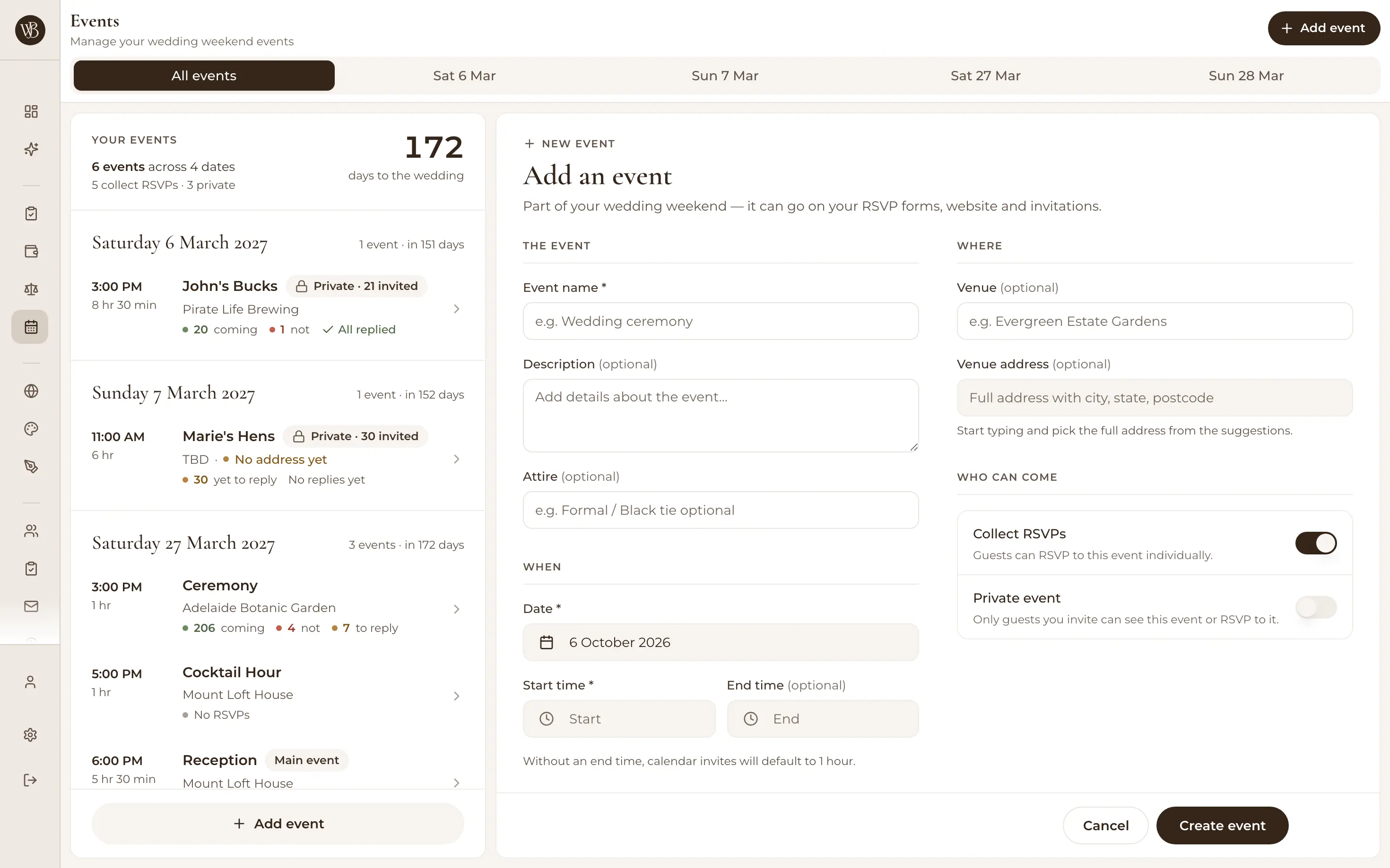 Adding a wedding event with time, location and details