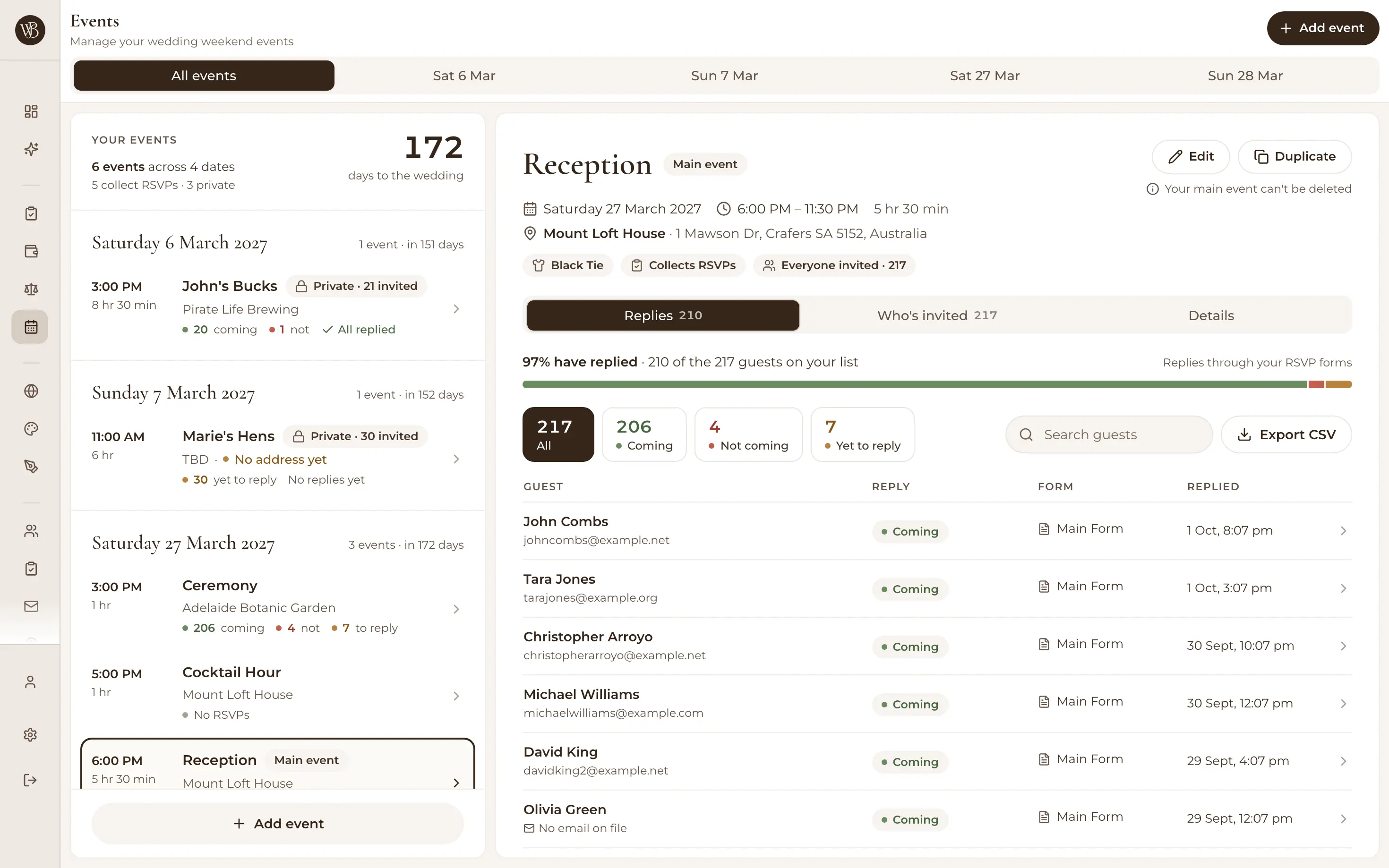 Per-event RSVP responses for a wedding event