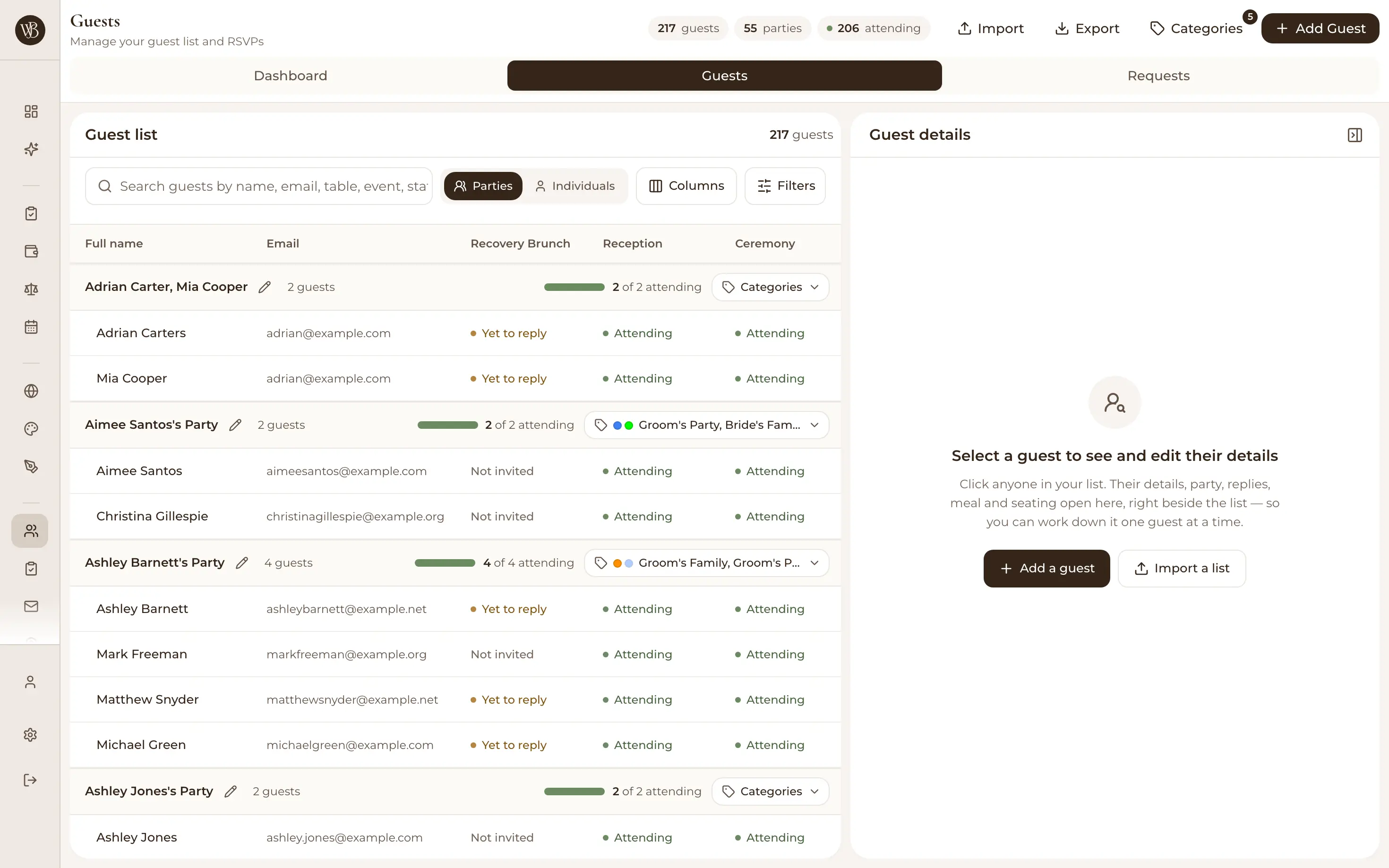 WedBuild wedding guest list organiser showing households, RSVP status columns and filters