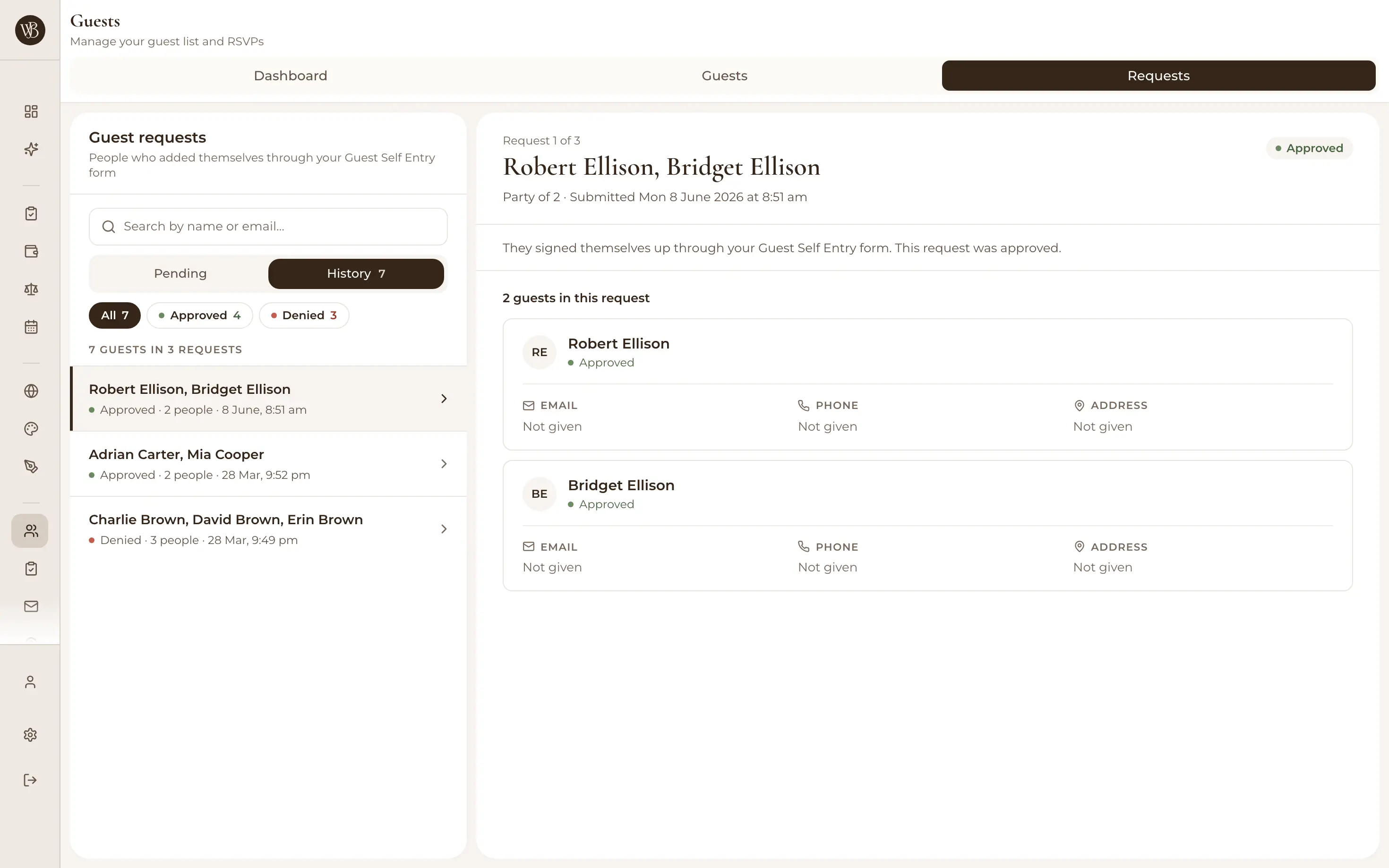 Guest approvals queue showing self-registered guests awaiting confirmation