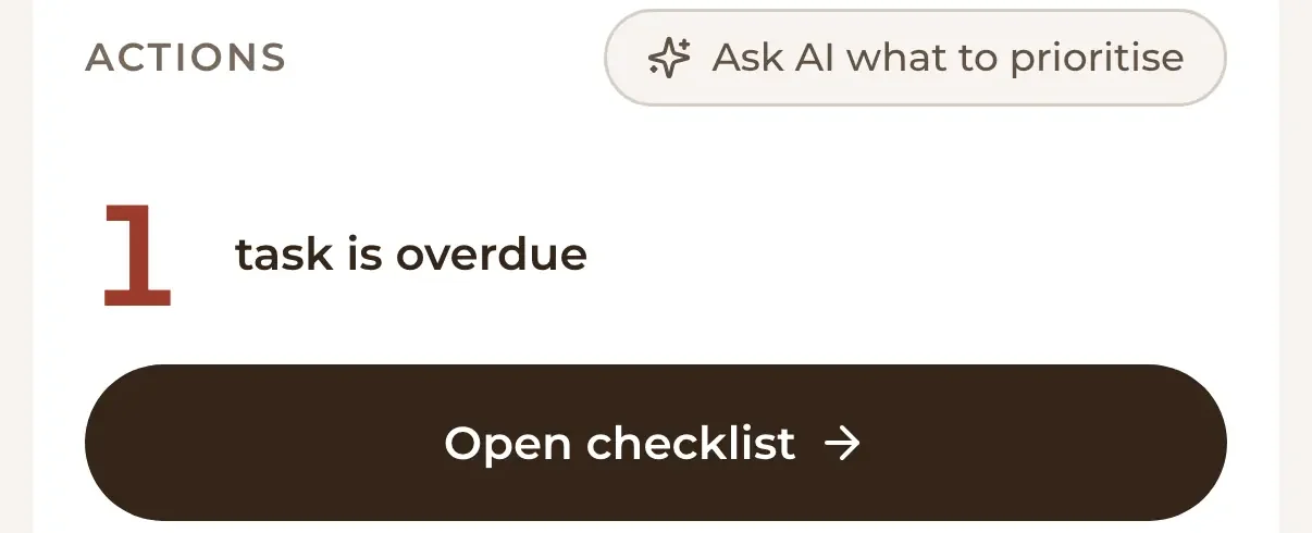 Detail of the dashboard's actions: 1 task is overdue, with a button to open the checklist