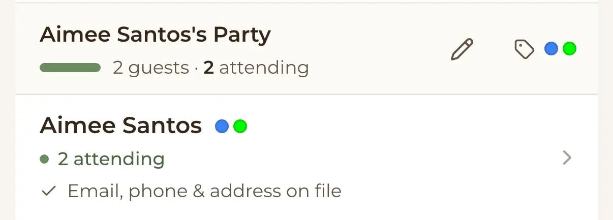 Detail of the guest list: Aimee Santos's party, 2 guests, 2 attending