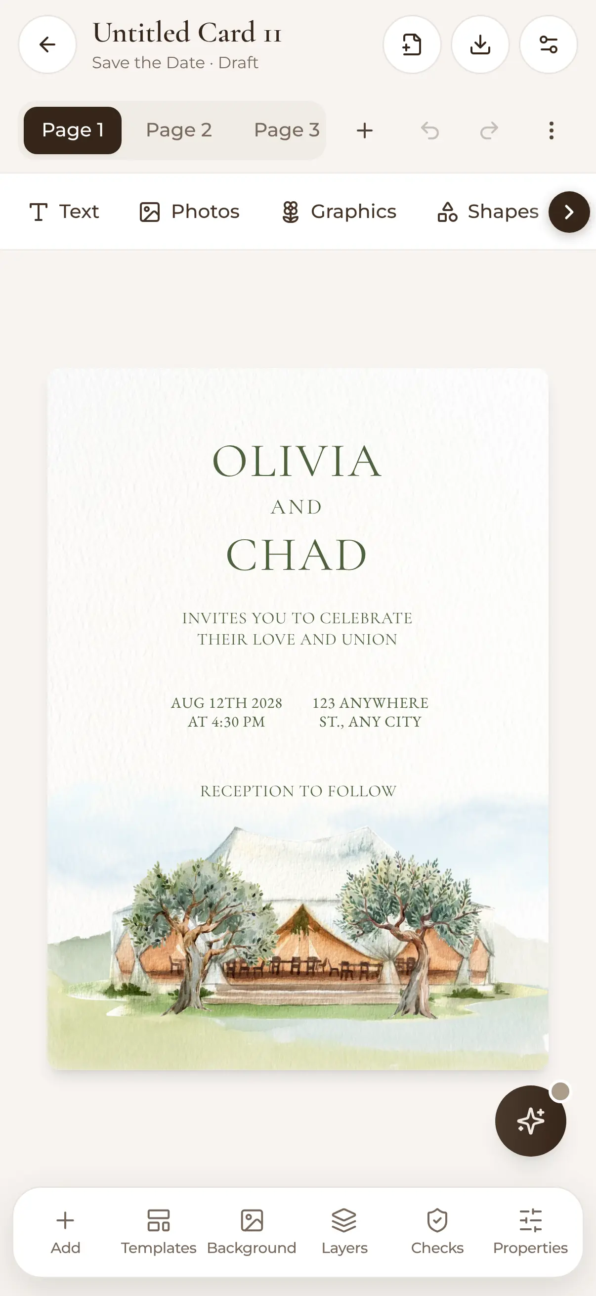 Designing a card on a phone: an invitation on the canvas, with Add, Templates, Background, Layers, Checks and Properties tools below