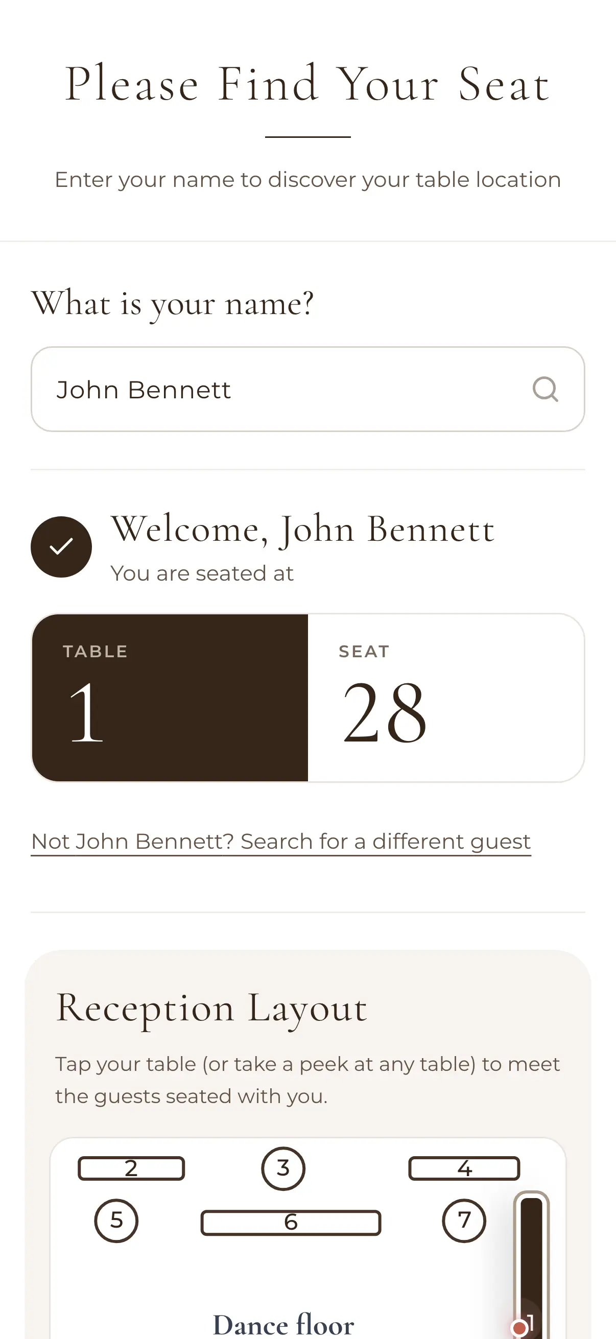 Find My Seat on a guest's phone: Welcome, John Bennett, you are seated at table 1, seat 28