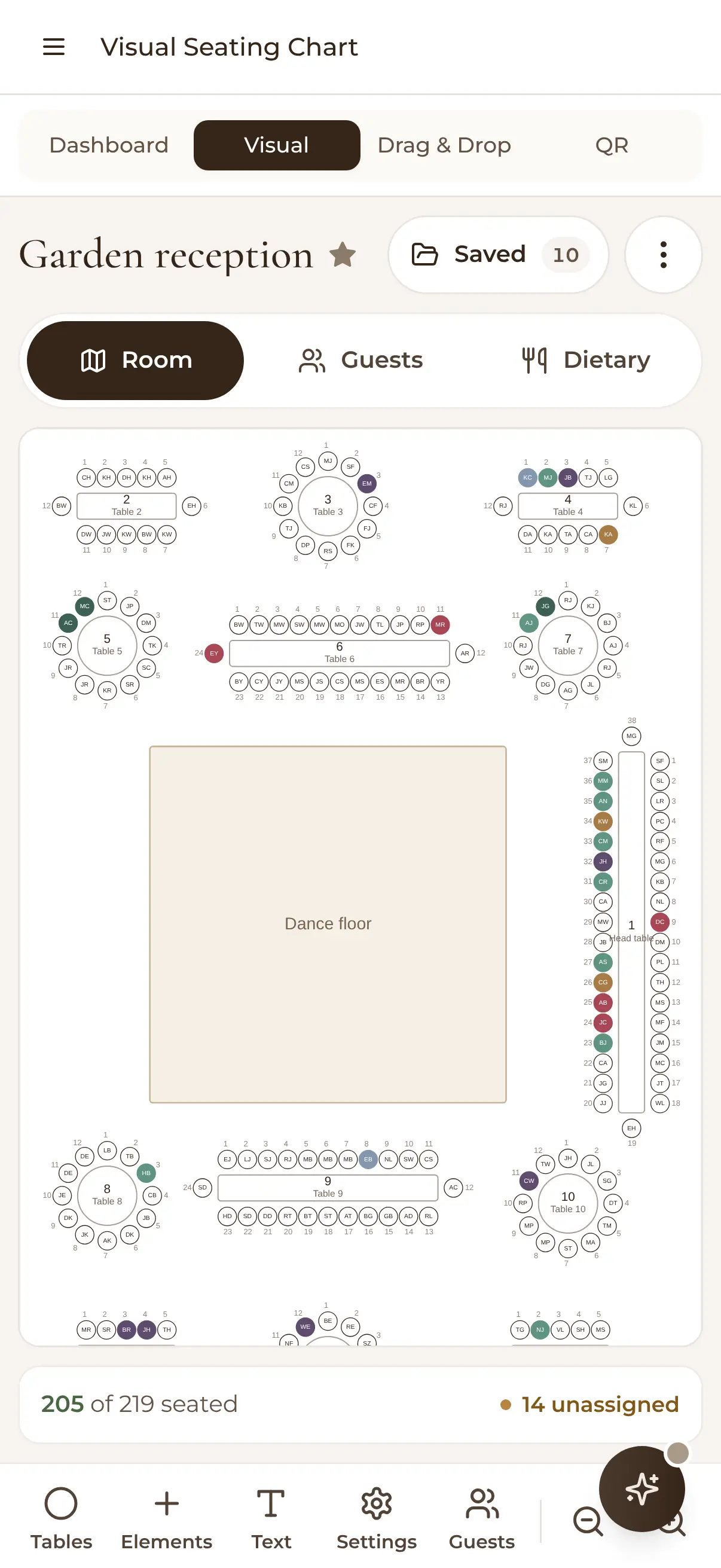 WedBuild's visual seating chart on a phone: Garden reception, tables around the dance floor, 205 of 219 seated and 14 unassigned
