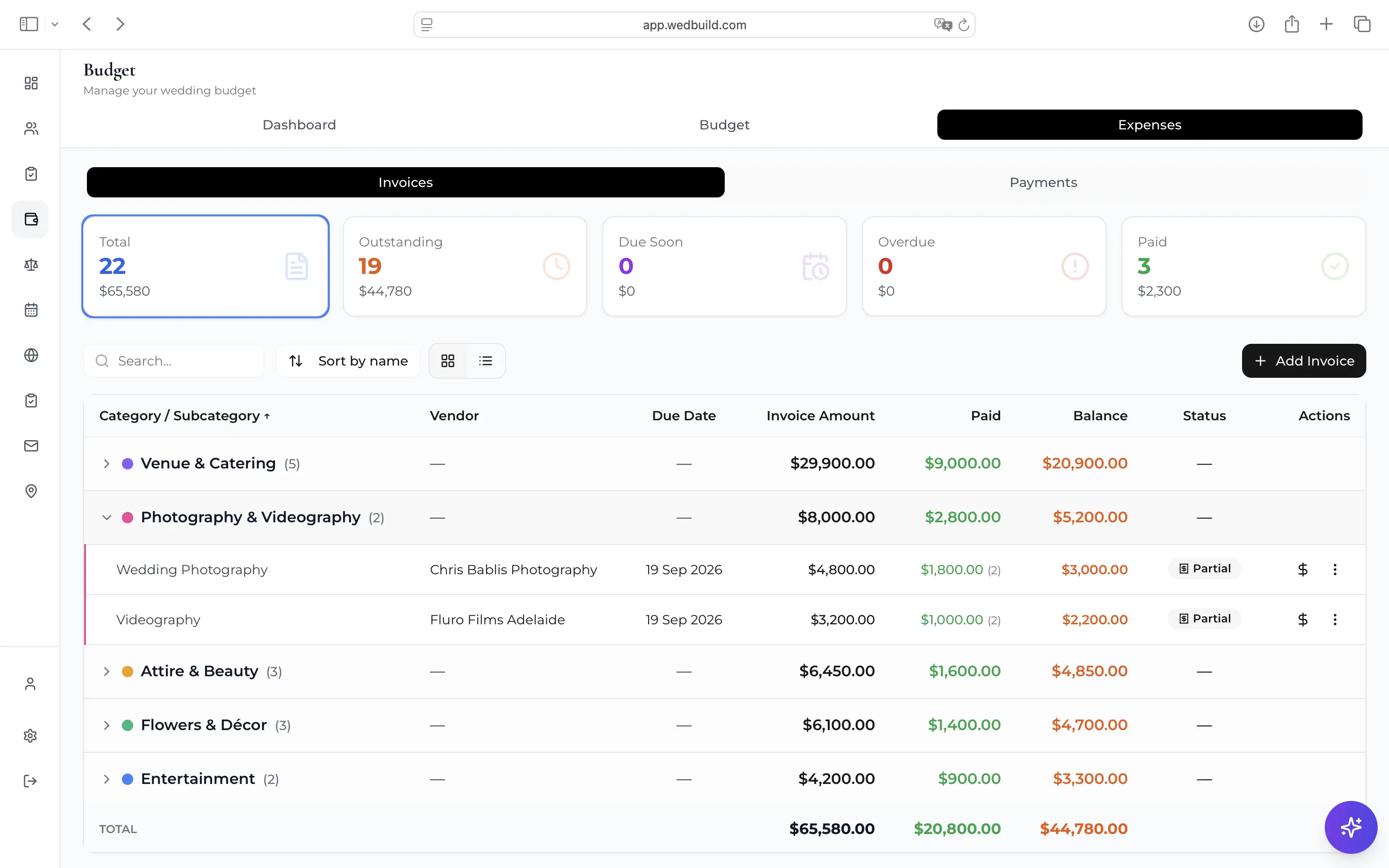 Invoice list in the wedding budget tracker with payment status per vendor