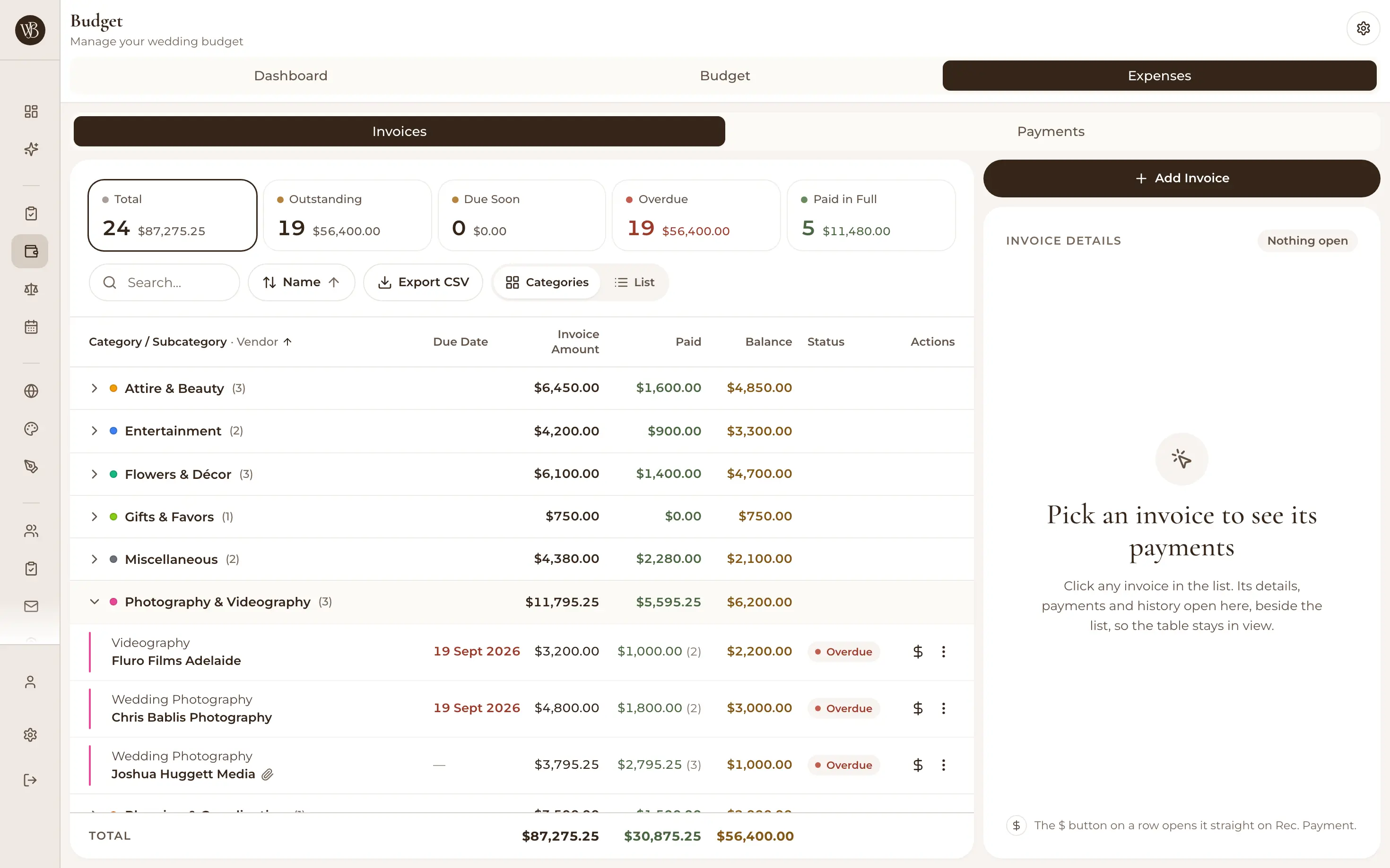 Invoice list in the wedding budget tracker with payment status per vendor