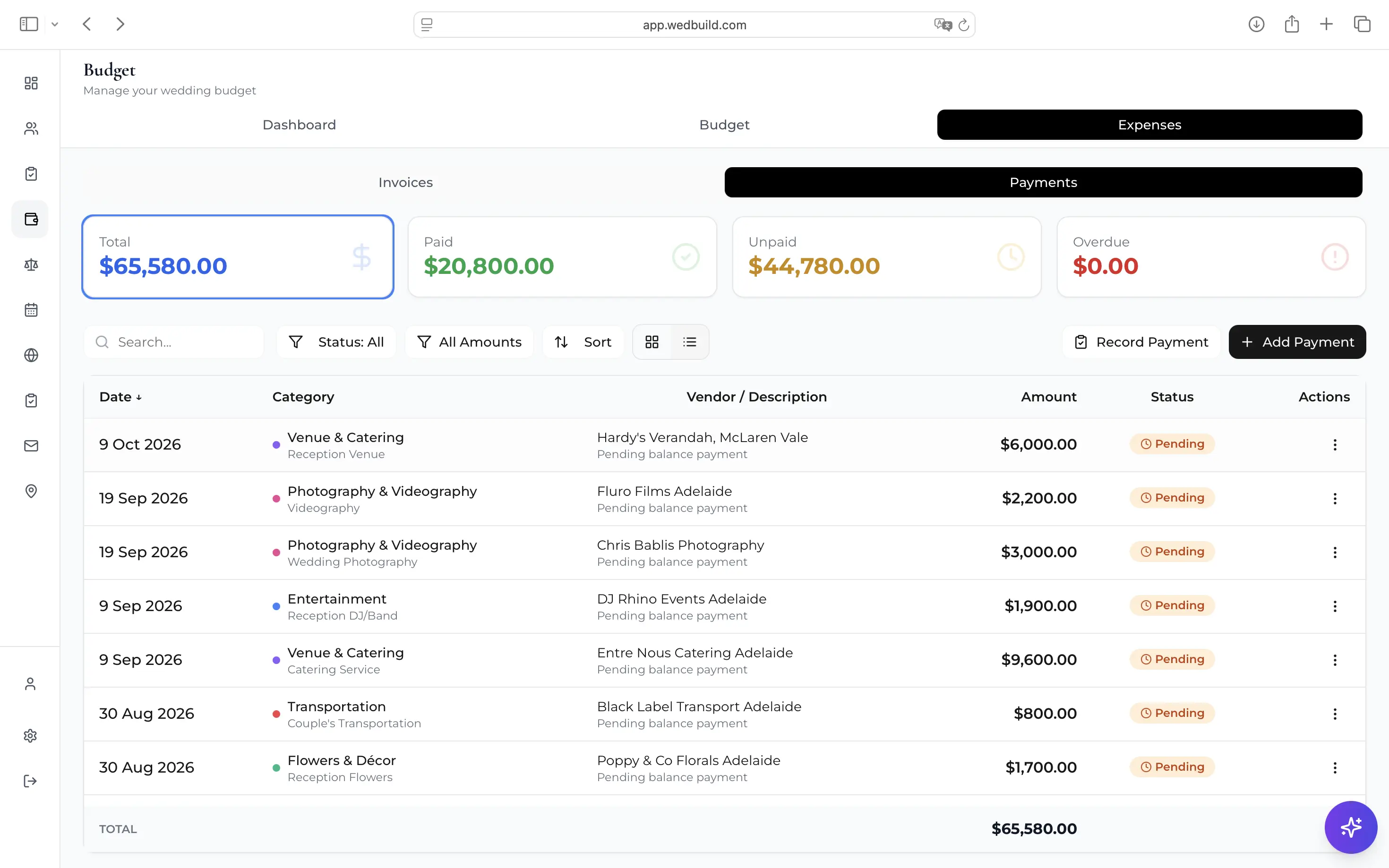 Payments view with scheduled, upcoming and recorded wedding payments