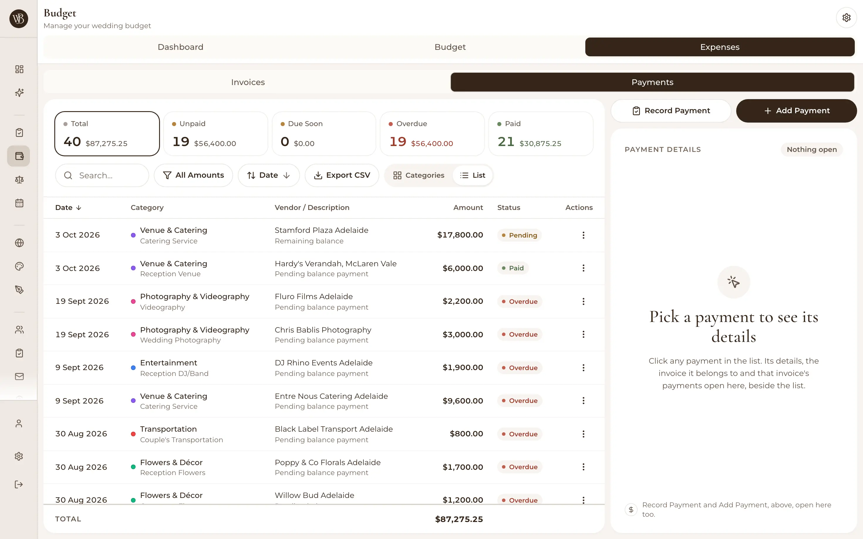 Payments view with scheduled, upcoming and recorded wedding payments