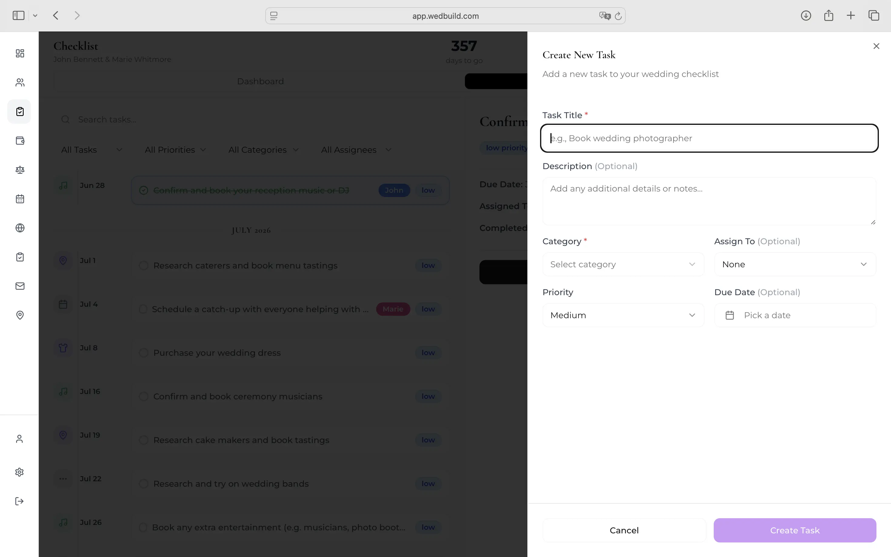 Adding a wedding checklist task with a due date and priority