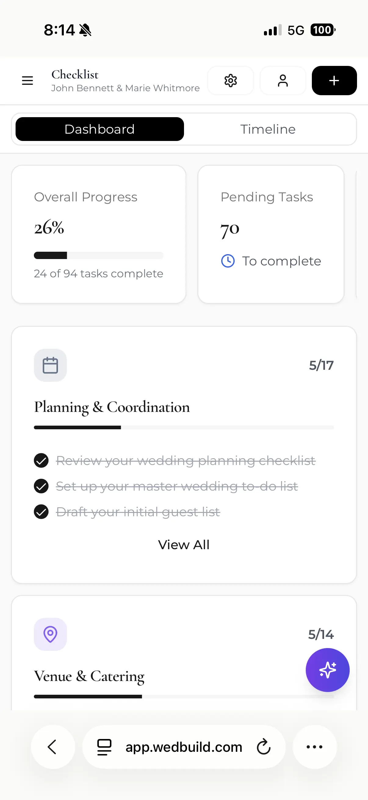 Wedding checklist on a phone showing category progress