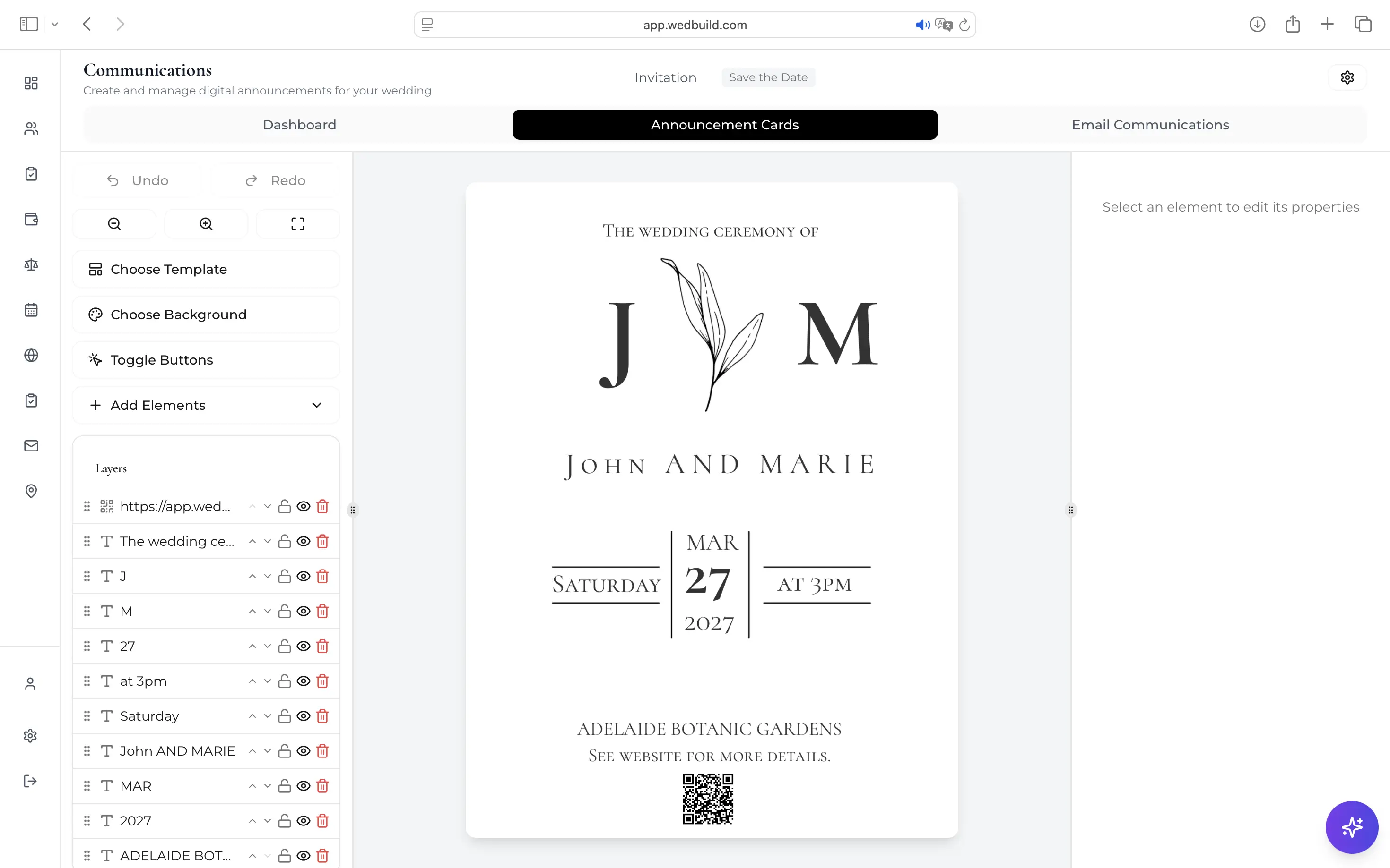 Designed wedding announcement card in WedBuild's communications tool