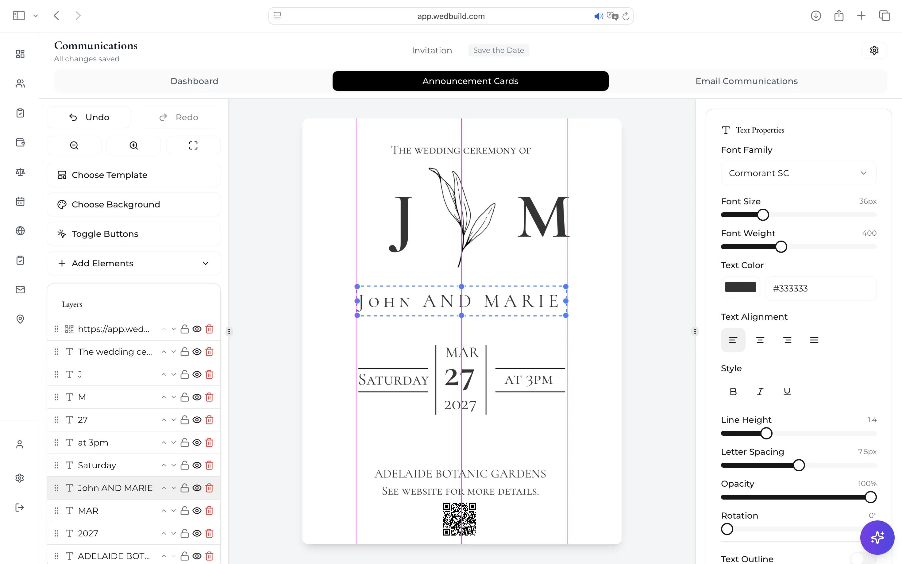 Visual canvas editor designing a wedding invitation card