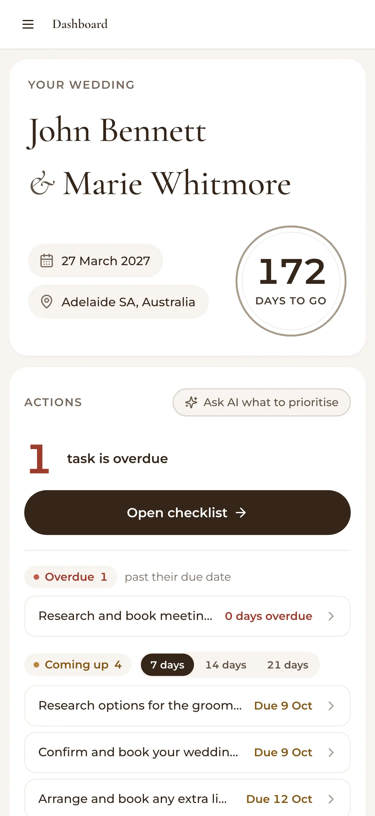 The dashboard on a phone: John Bennett and Marie Whitmore, 172 days to go, one task overdue and four coming up