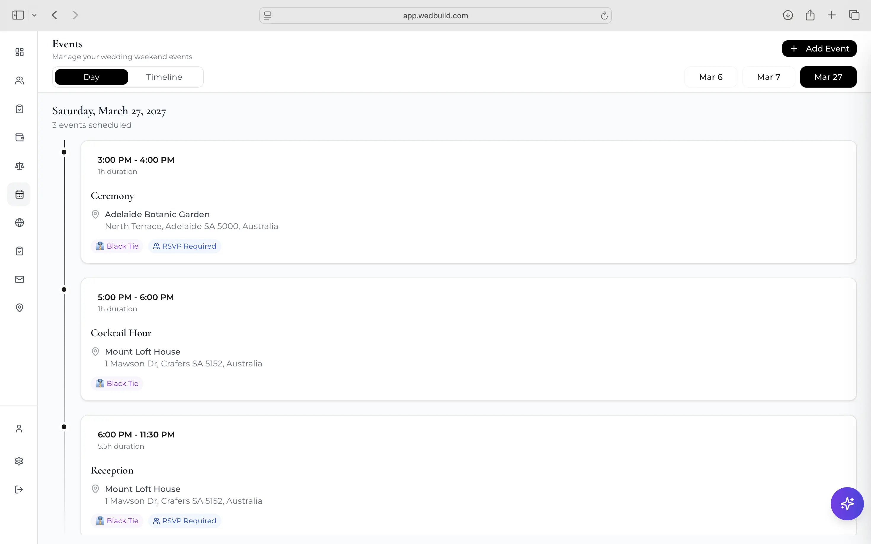 Events dashboard with an overview of the wedding weekend