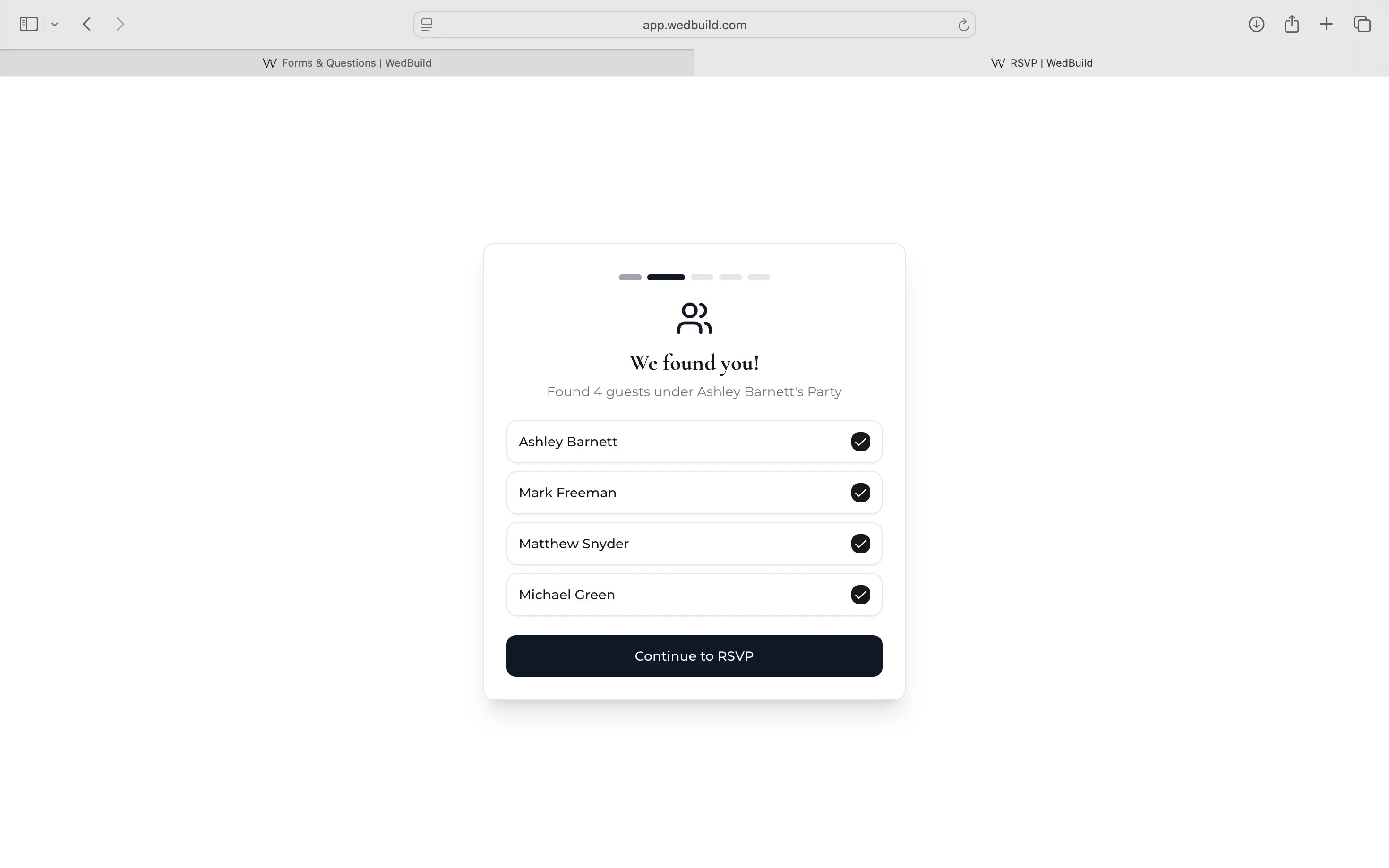 Online wedding RSVP form with per-event responses