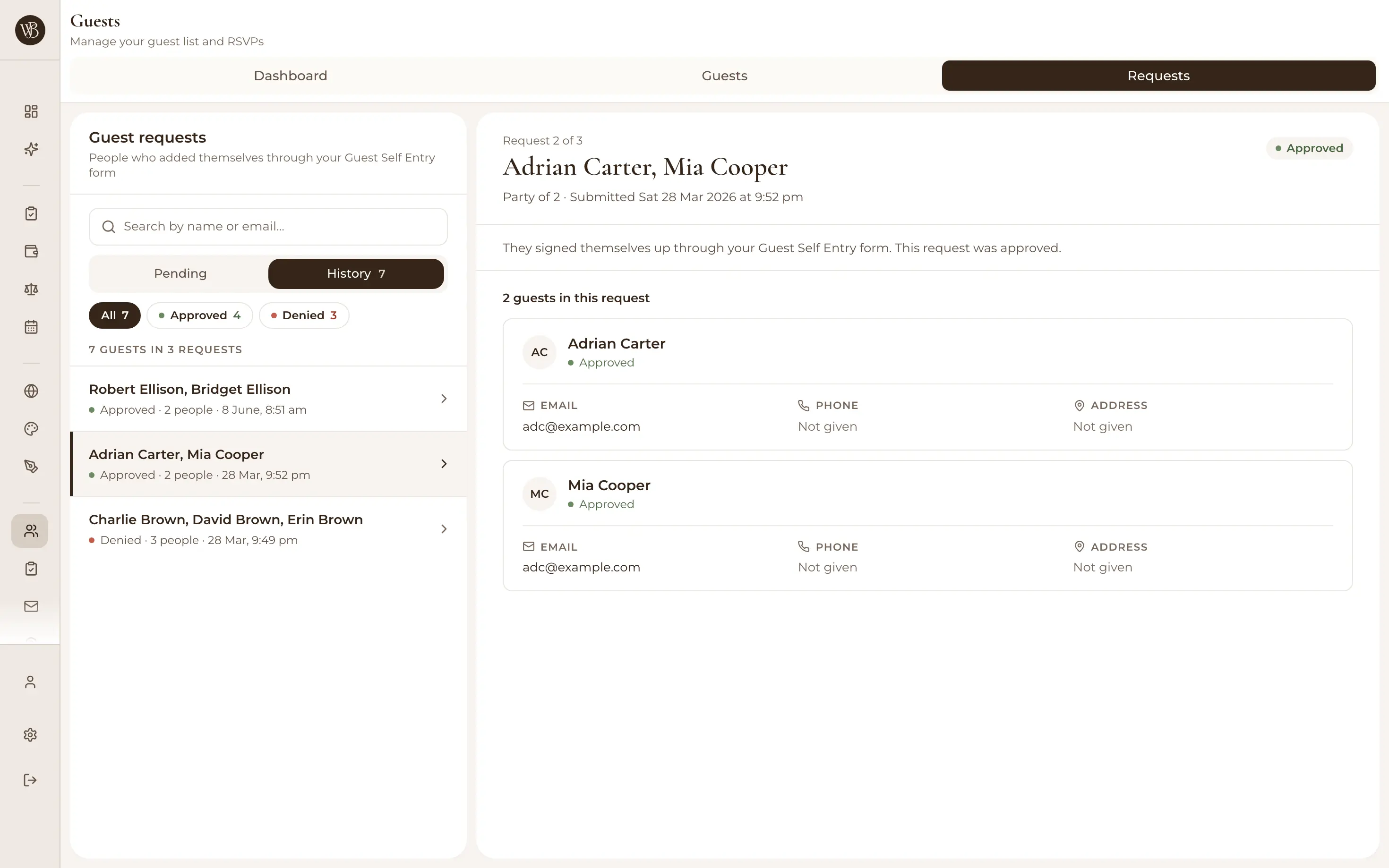 RSVP accept and decline options per wedding event