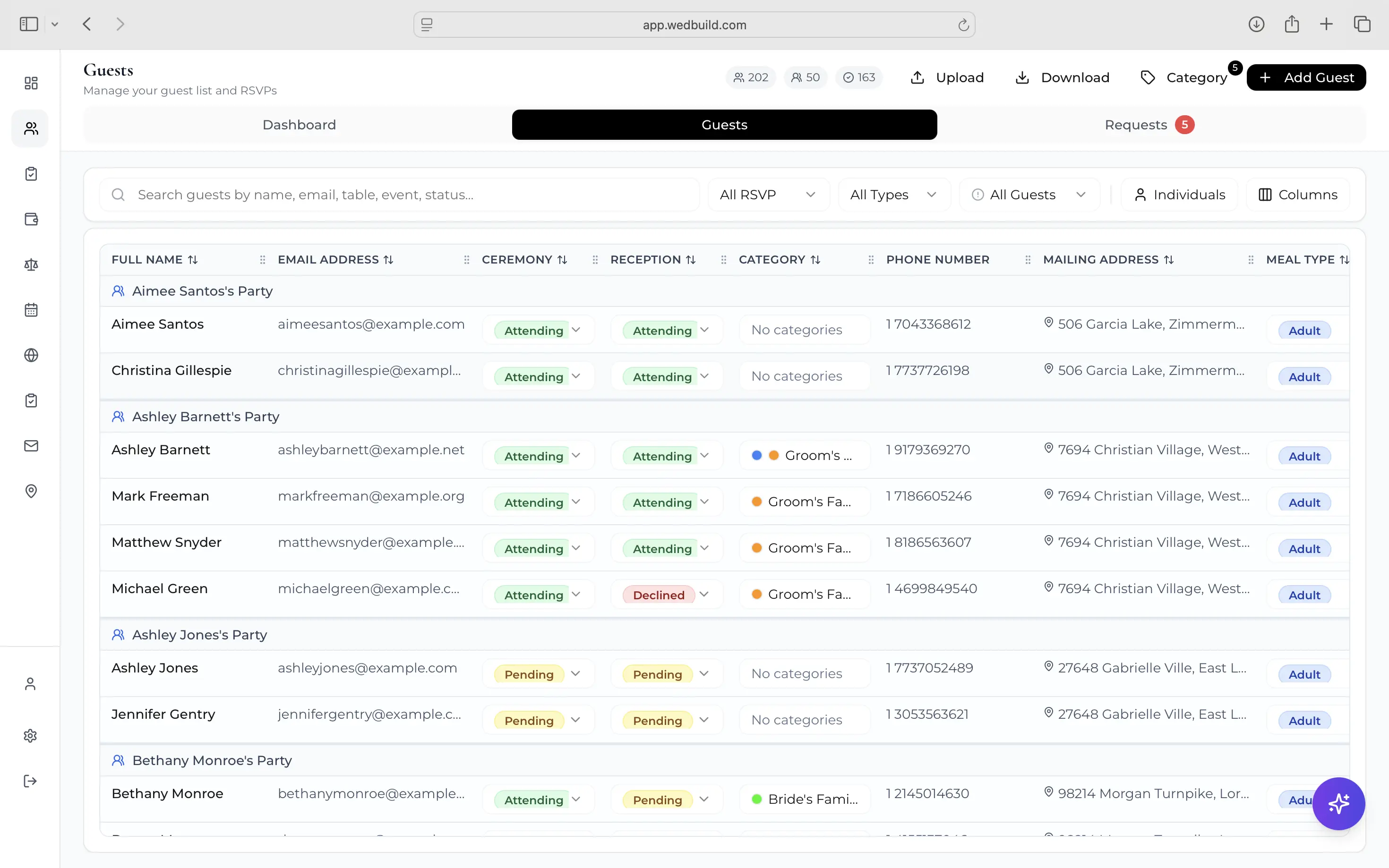 WedBuild wedding guest list organiser showing households, RSVP status columns and filters