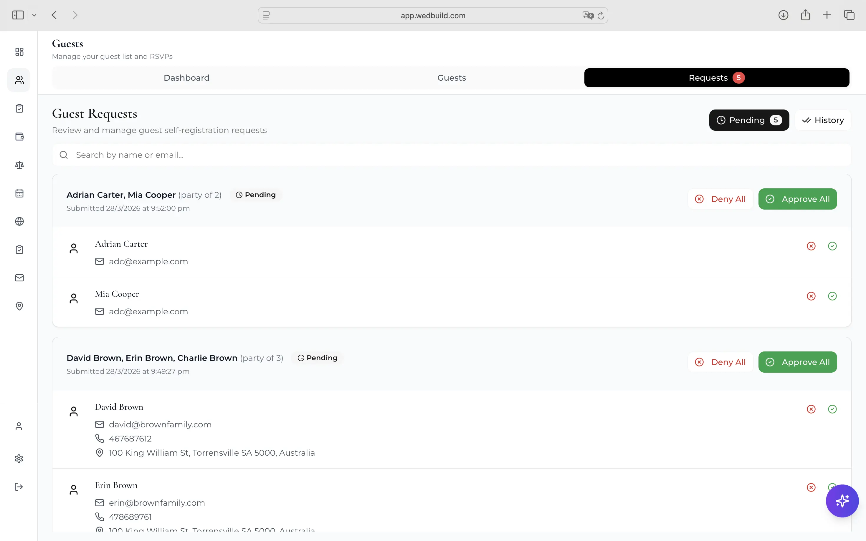 Guest approvals queue showing self-registered guests awaiting confirmation