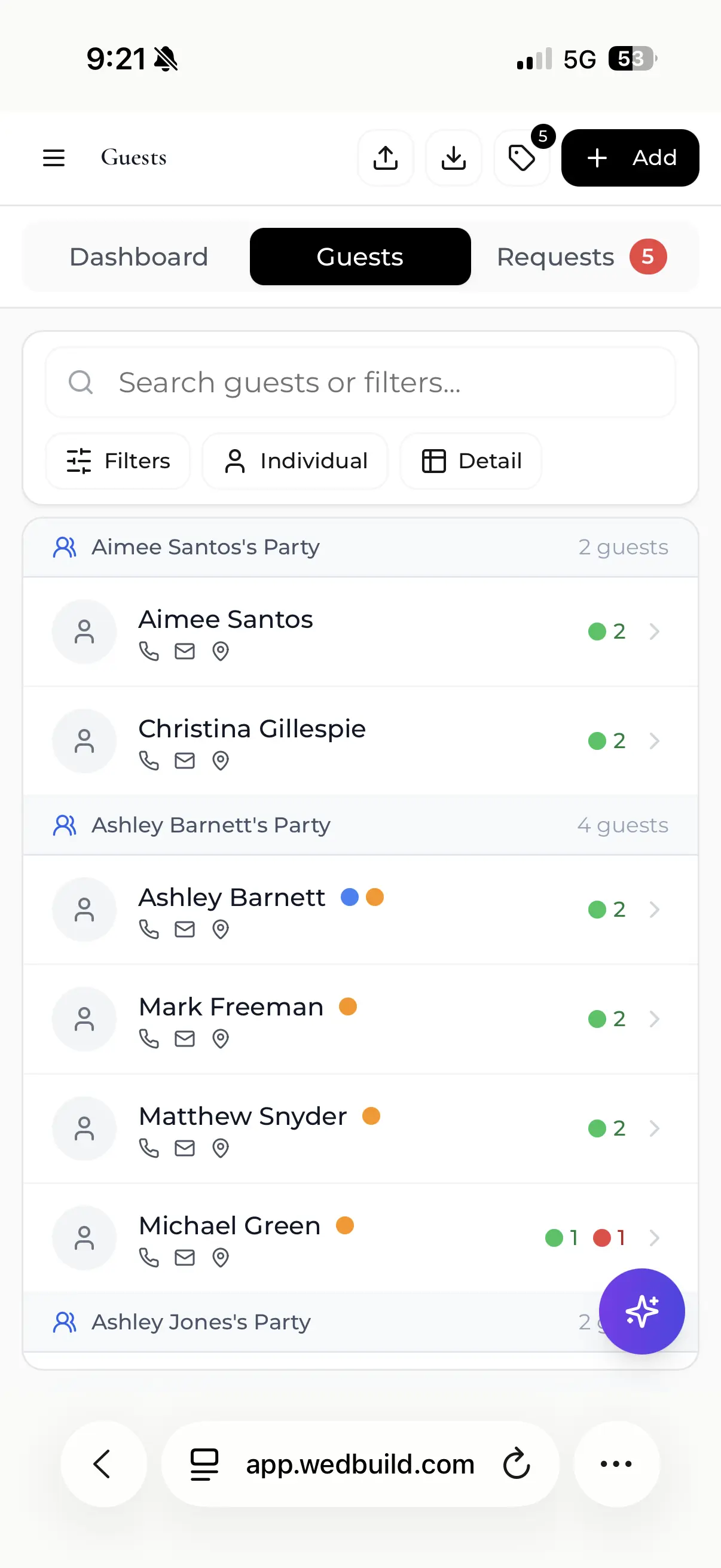 Wedding guest list on mobile showing party grouping and RSVP status