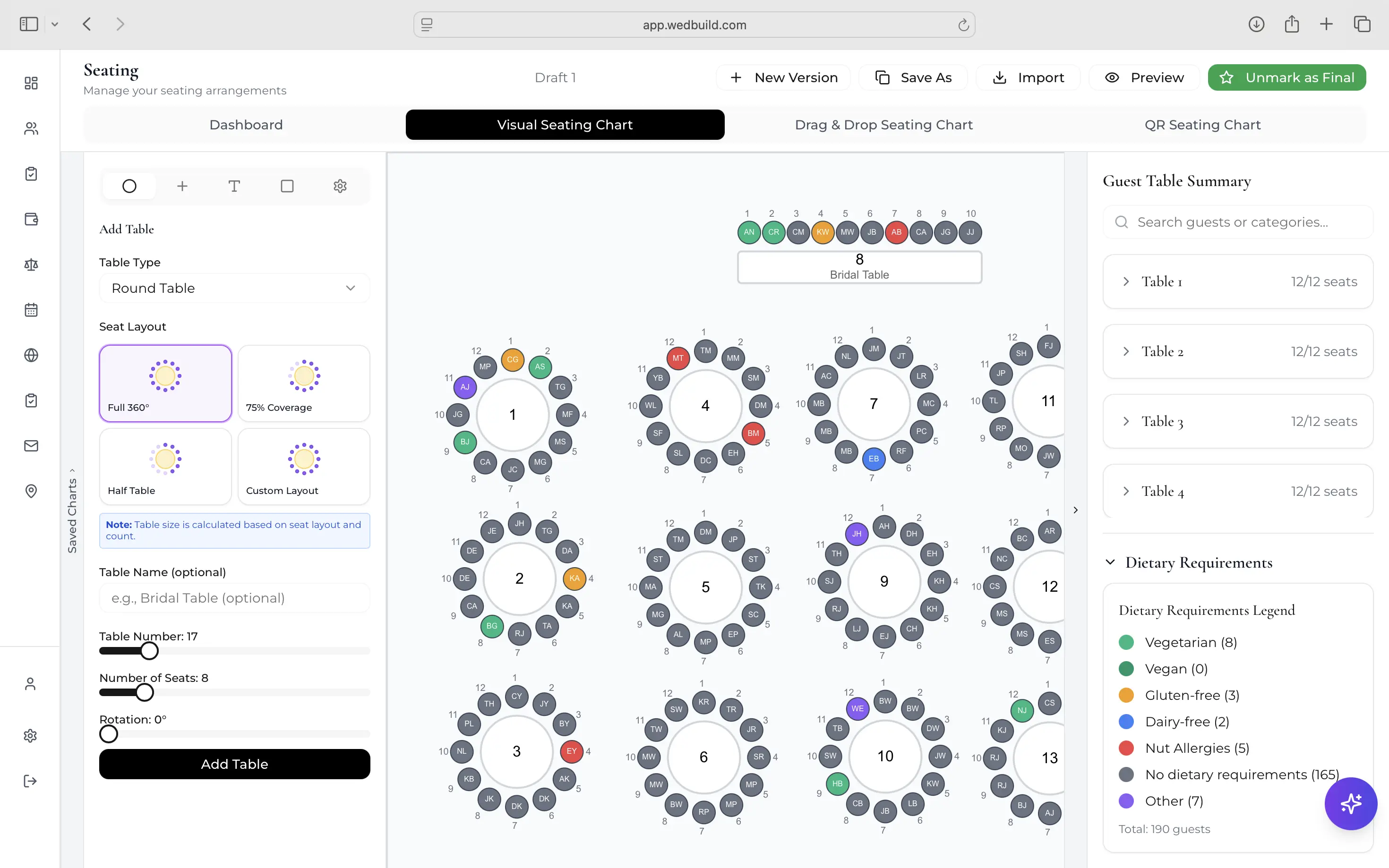 WedBuild wedding seating chart app showing the visual room designer with round tables and drag-and-drop guest placement