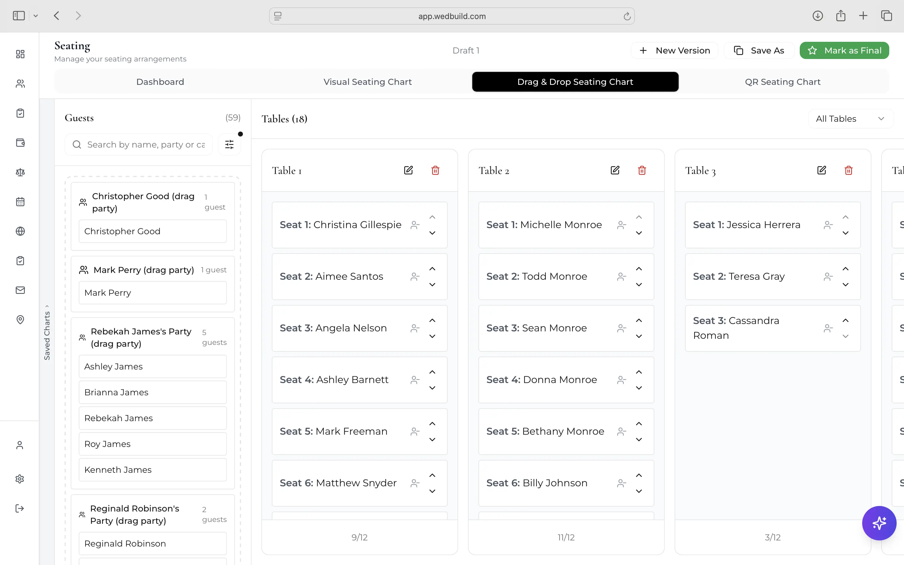 Drag-and-drop wedding seating chart editor with guests being placed at tables
