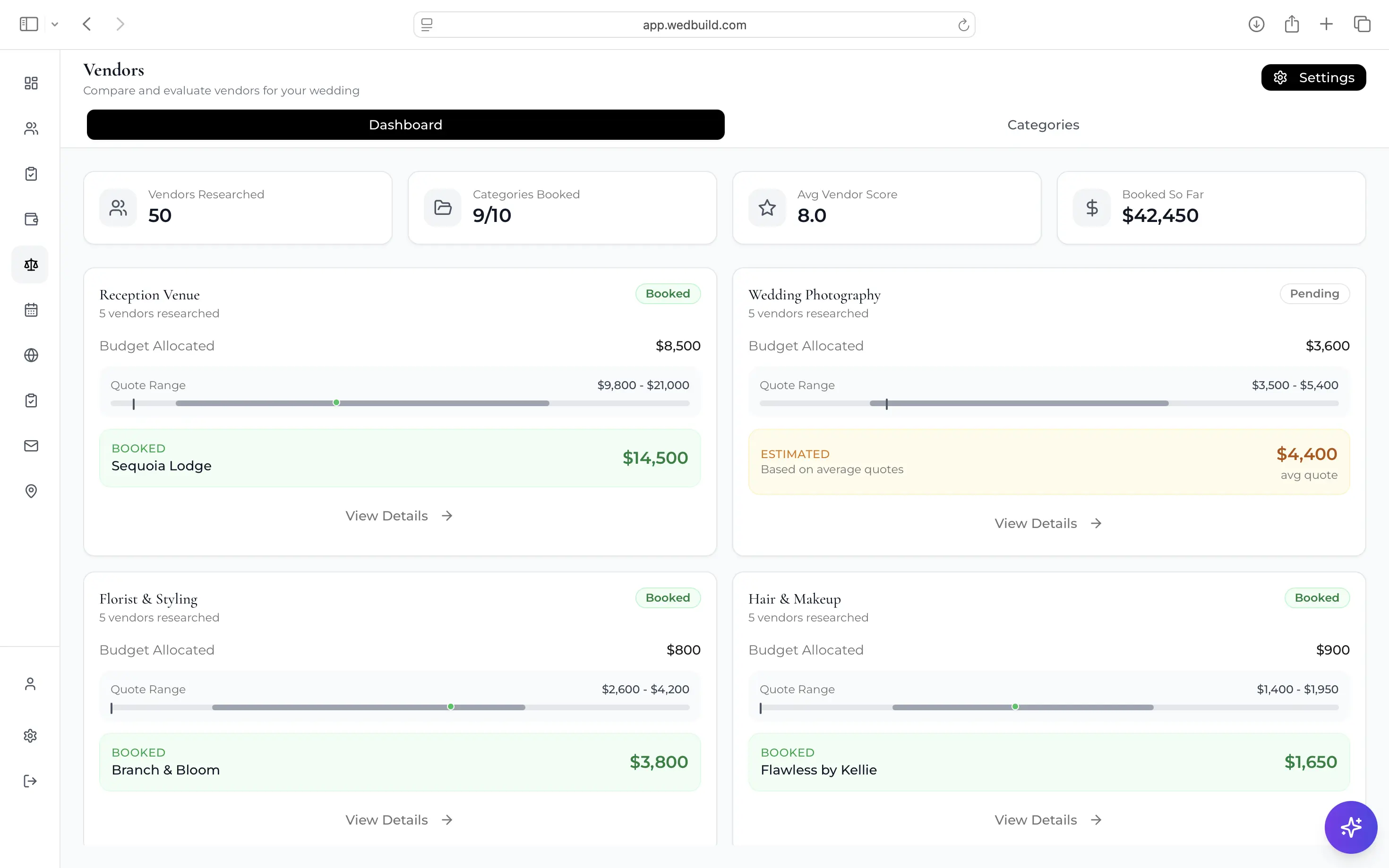 Vendor dashboard with categories, statuses and aggregate stats