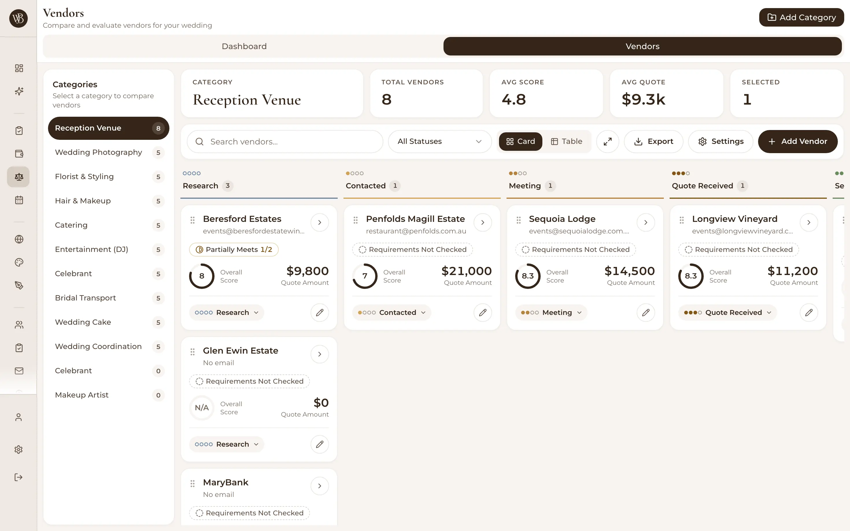 Wedding vendor comparison table with vendors side by side