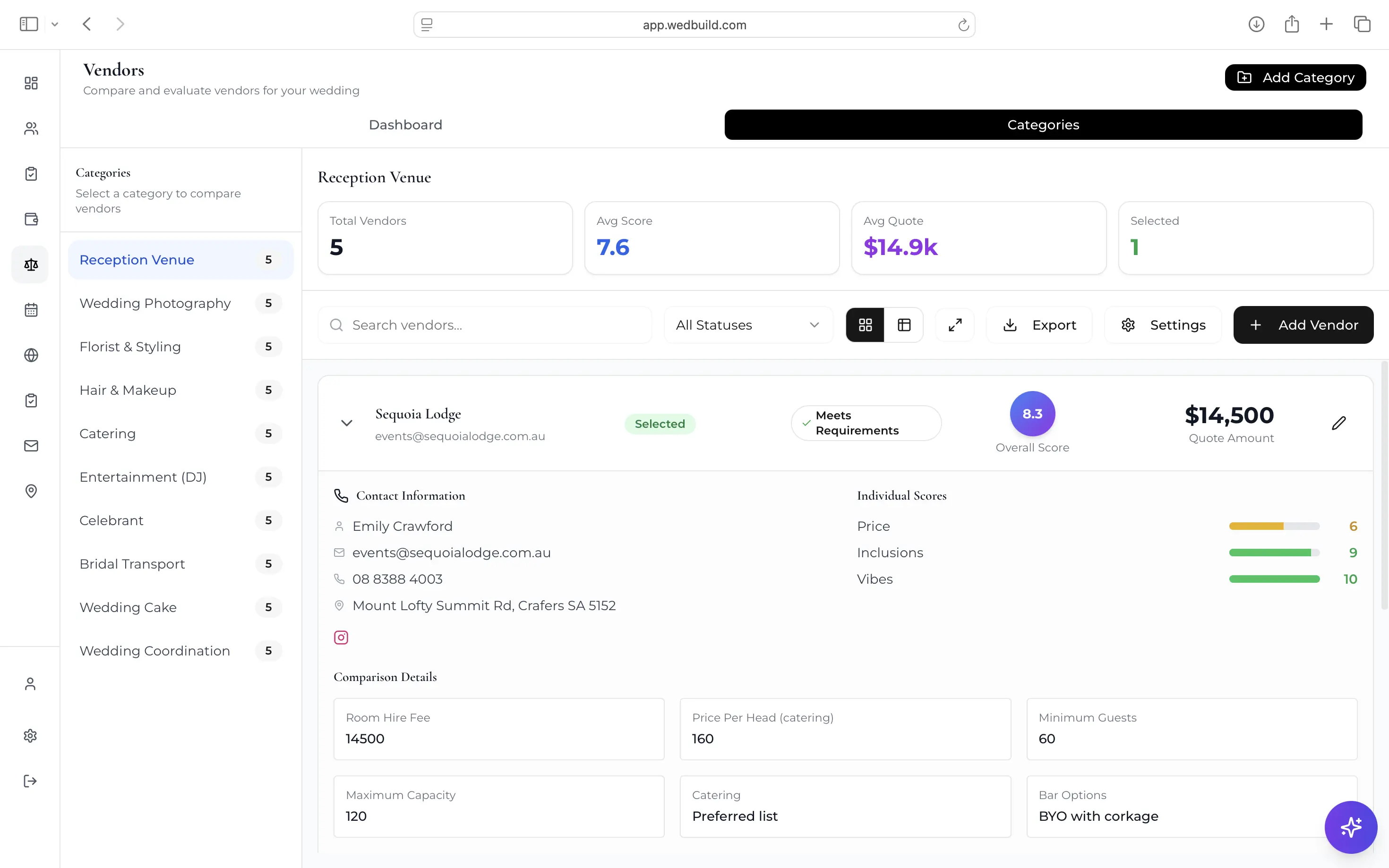 Vendor comparison detail view with custom fields per category