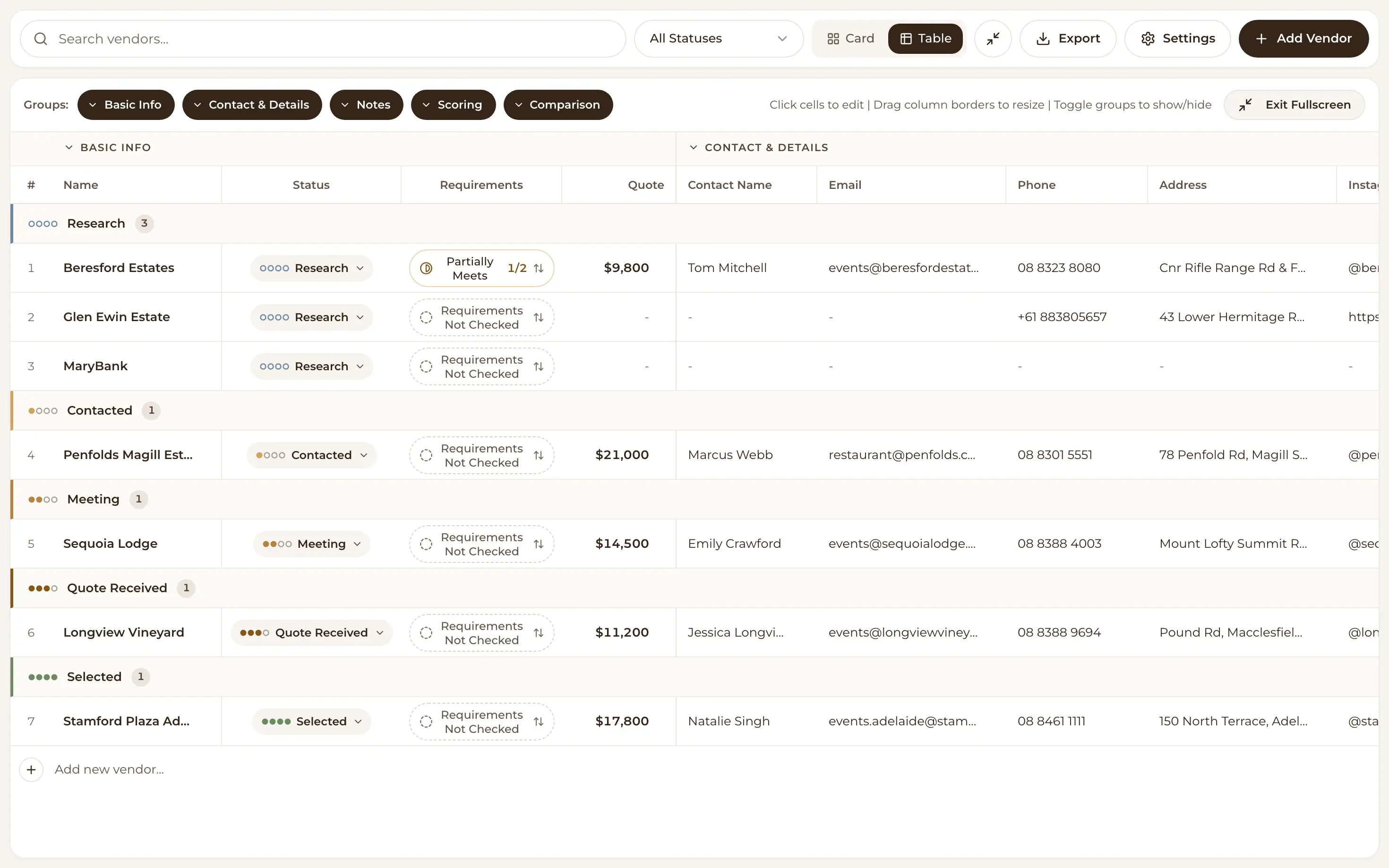 Full screen wedding vendor comparison spreadsheet view
