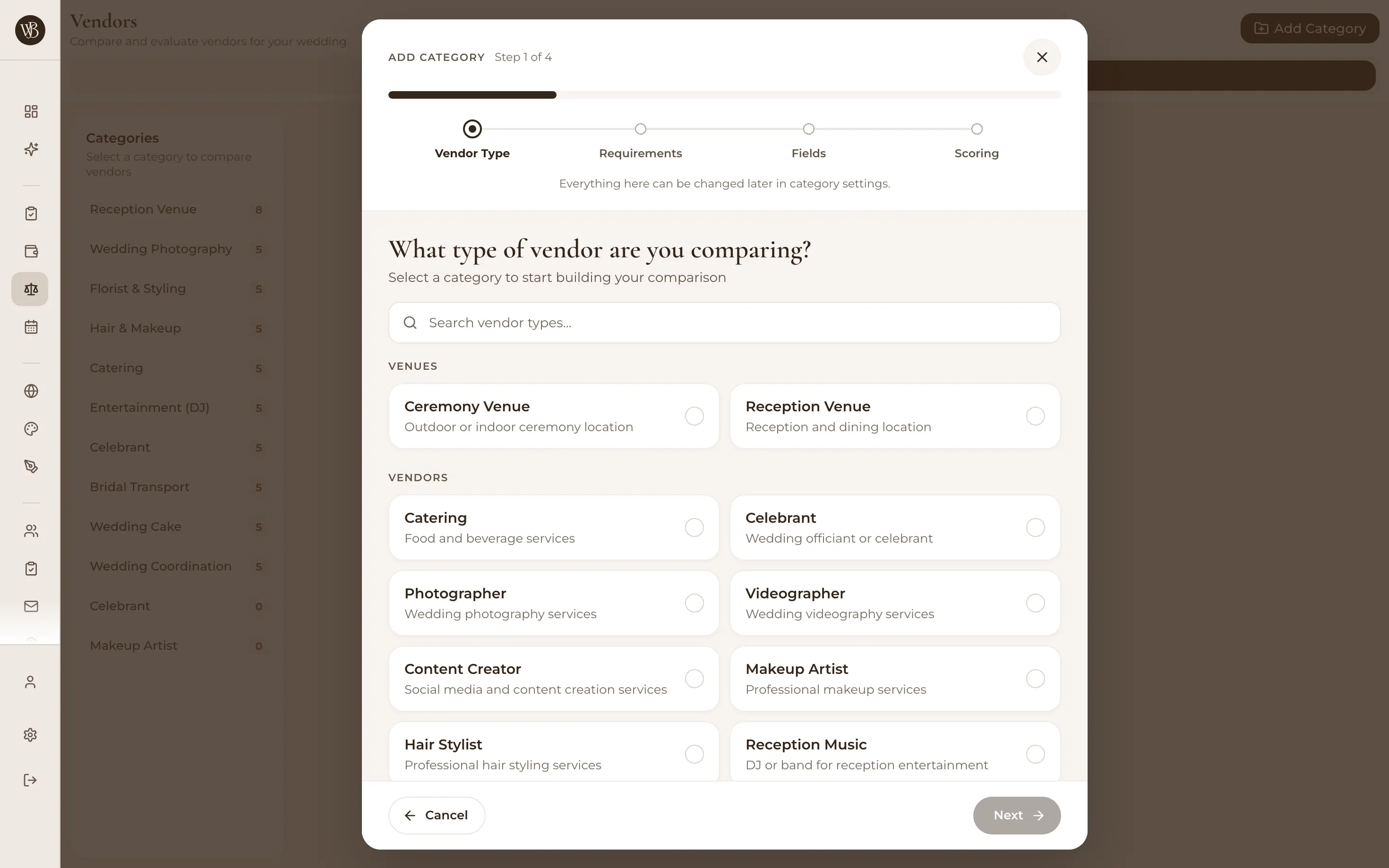 Adding a wedding vendor with details and pricing