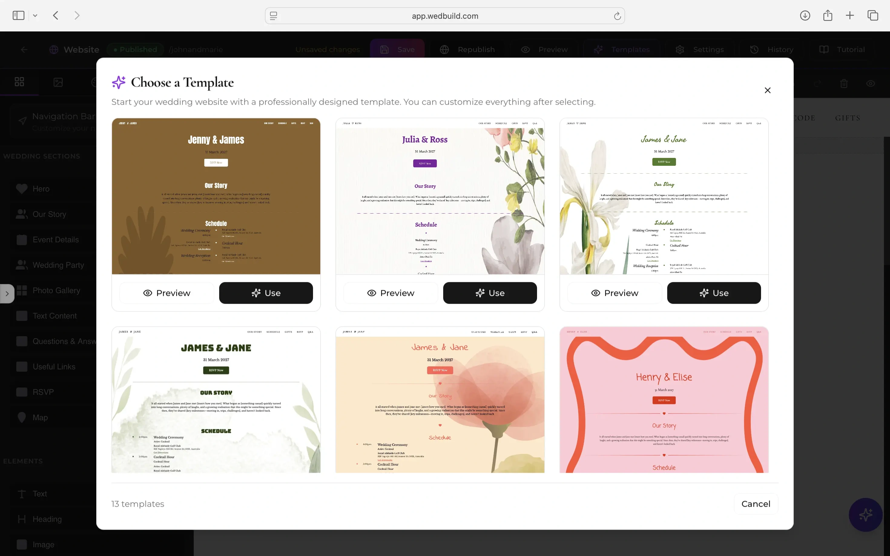 Wedding website template gallery with designer themes
