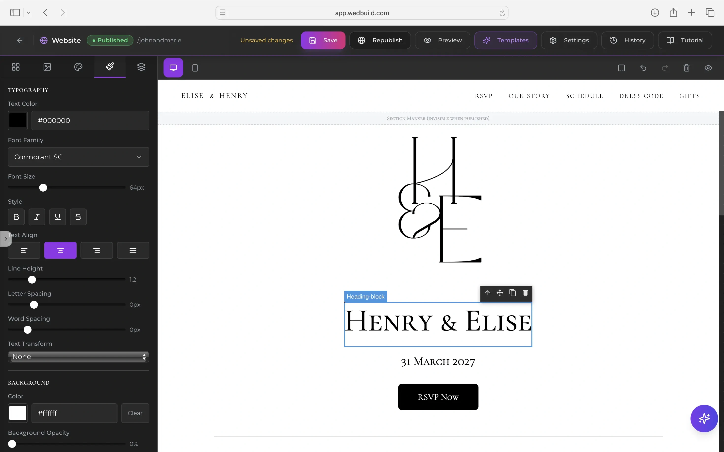 Global font and colour customisation for a wedding website