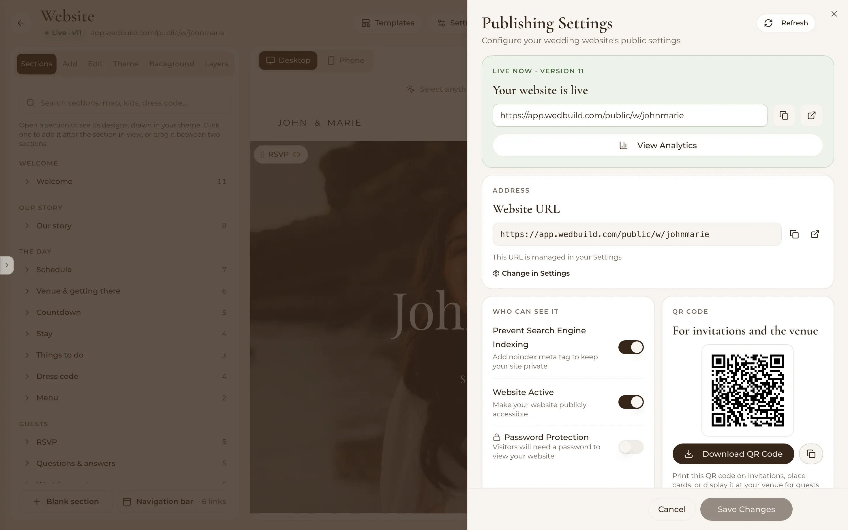 Wedding website publishing settings: the live address, search and privacy switches, password protection and a QR code for invitations